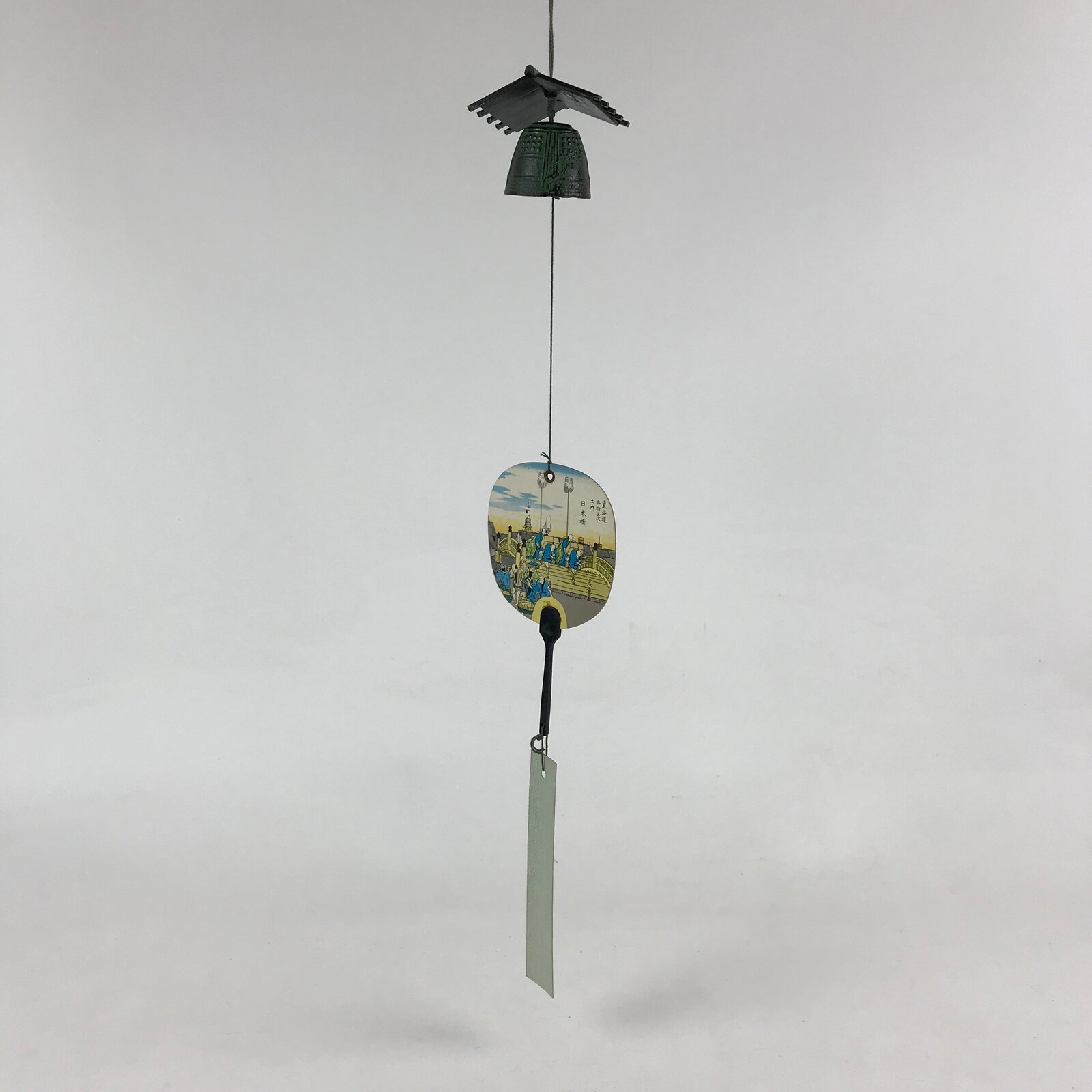 Japanese Iron Furin Wind Chime Vtg Roof Fan Uchiwa Bridge Green Kanji Vtg DR492