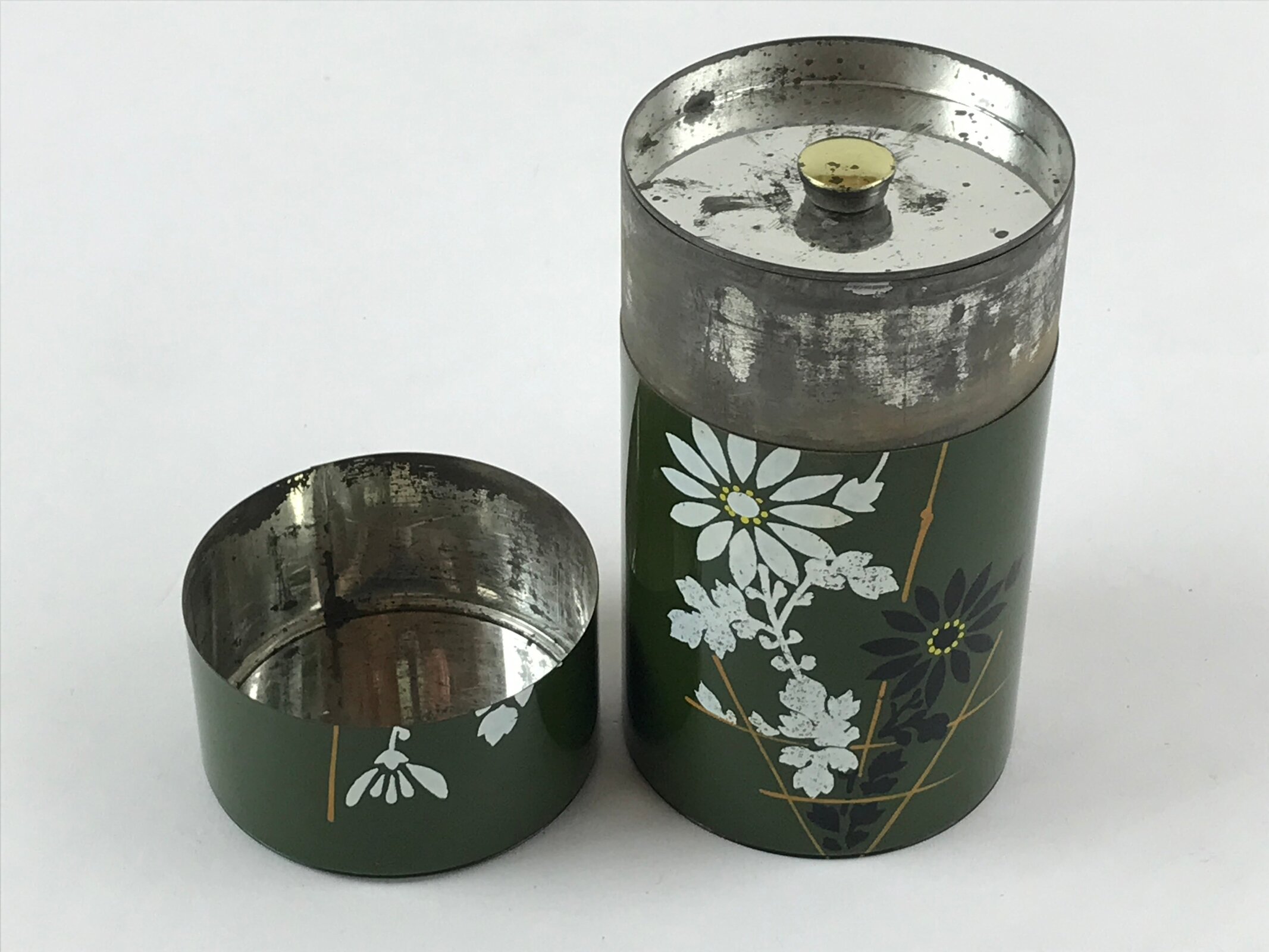 Japanese Iron Tea Caddy Lidded Tea Container Vtg Chazutsu Cylindrical Green JK53