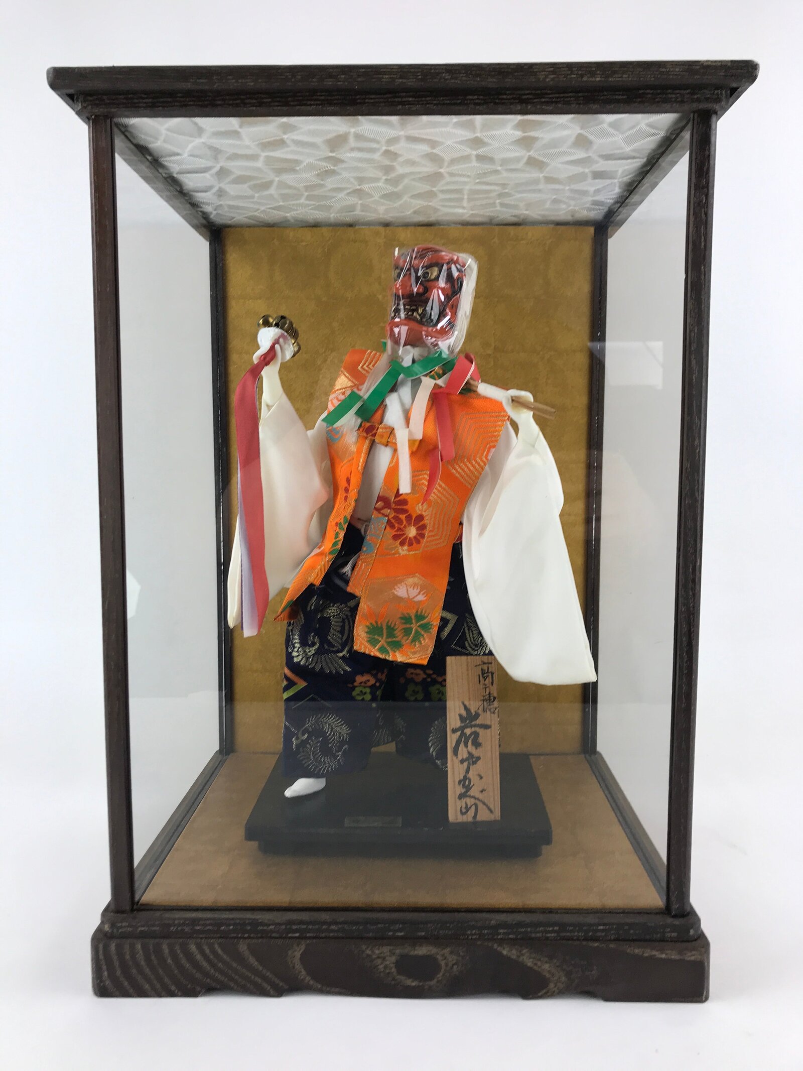 Japanese Iwato Kagura Tengu Doll Glass Case Display Vtg Ningyo Figurine BD900