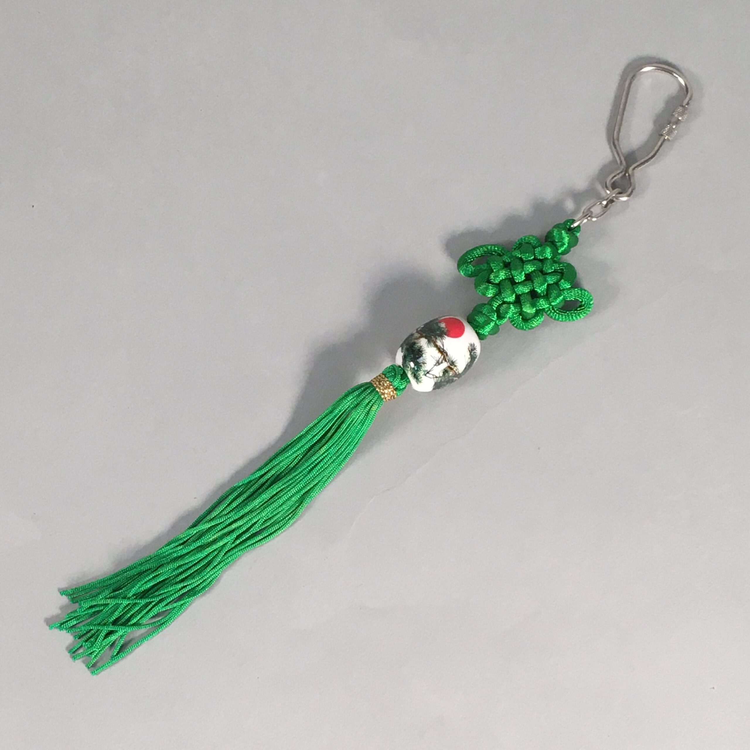 Japanese Key Chain Vtg Green Tassel Braid Porcelain Ball Pine Tree Sun JK84