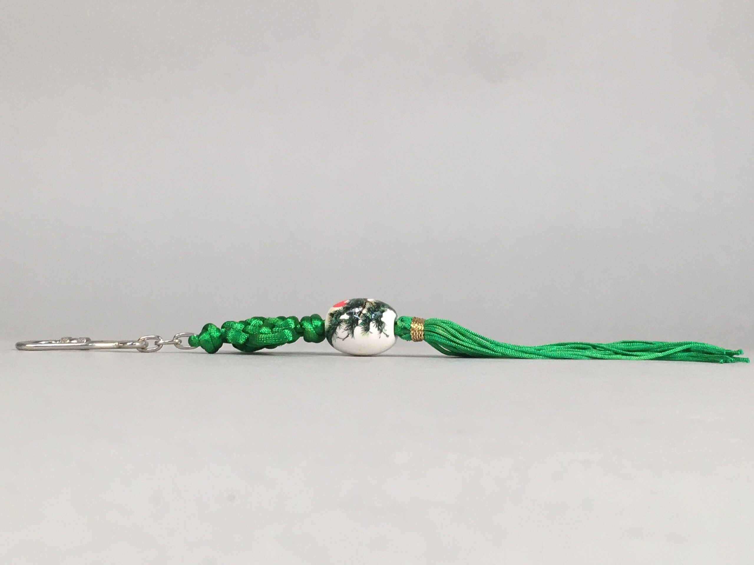 Japanese Key Chain Vtg Green Tassel Braid Porcelain Ball Pine Tree Sun JK84