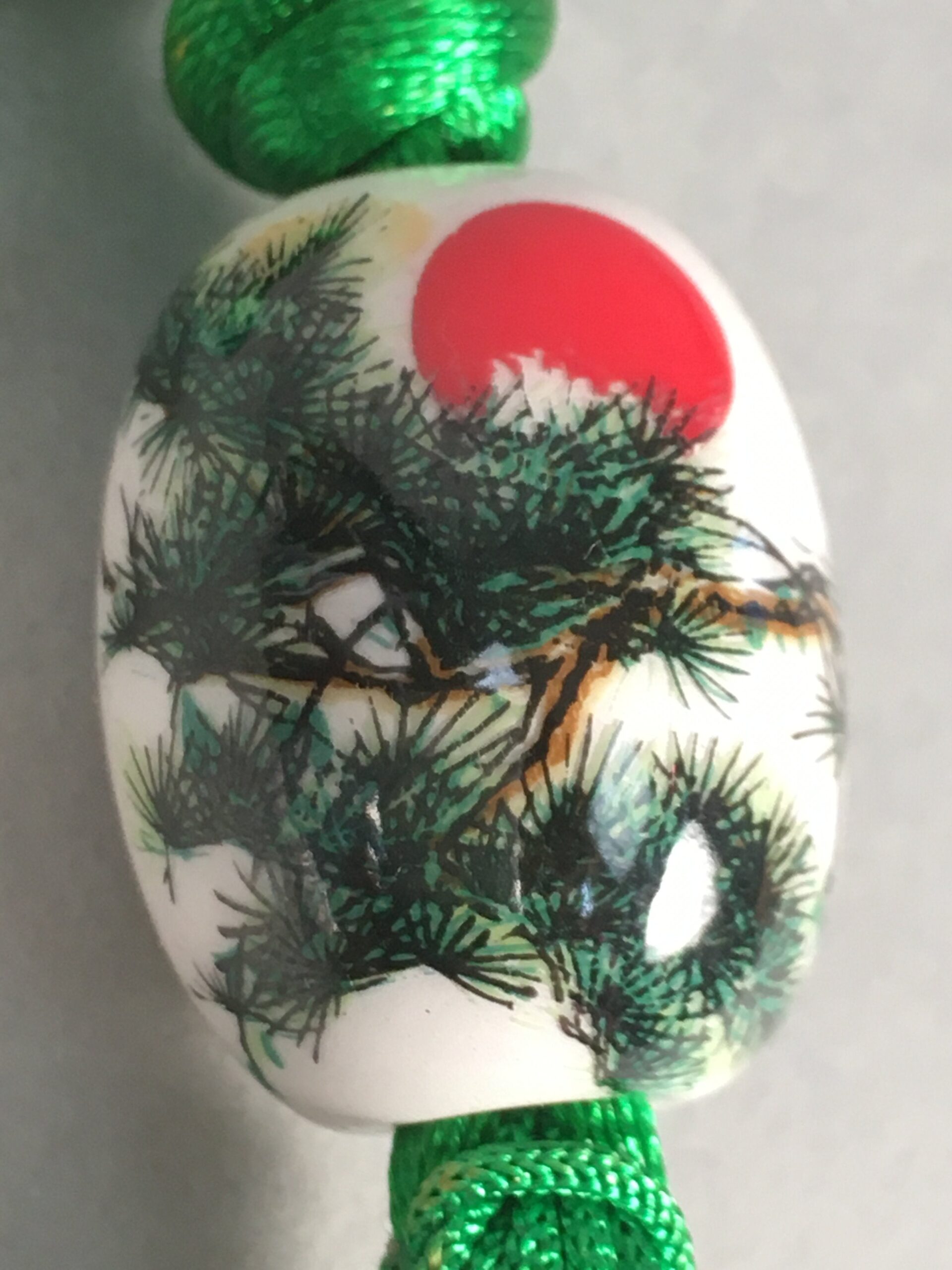 Japanese Key Chain Vtg Green Tassel Braid Porcelain Ball Pine Tree Sun JK84