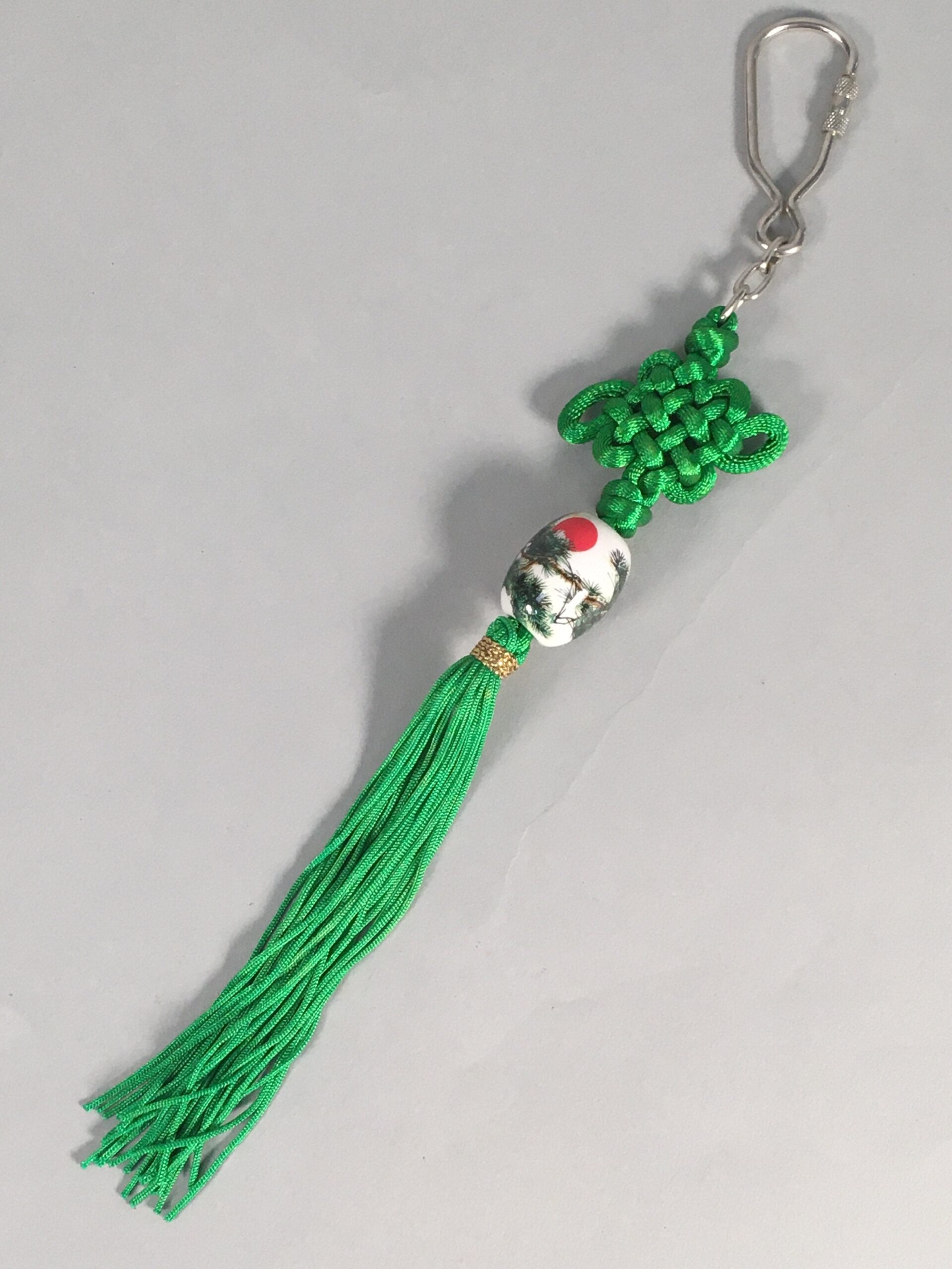 Japanese Key Chain Vtg Green Tassel Braid Porcelain Ball Pine Tree Sun JK84
