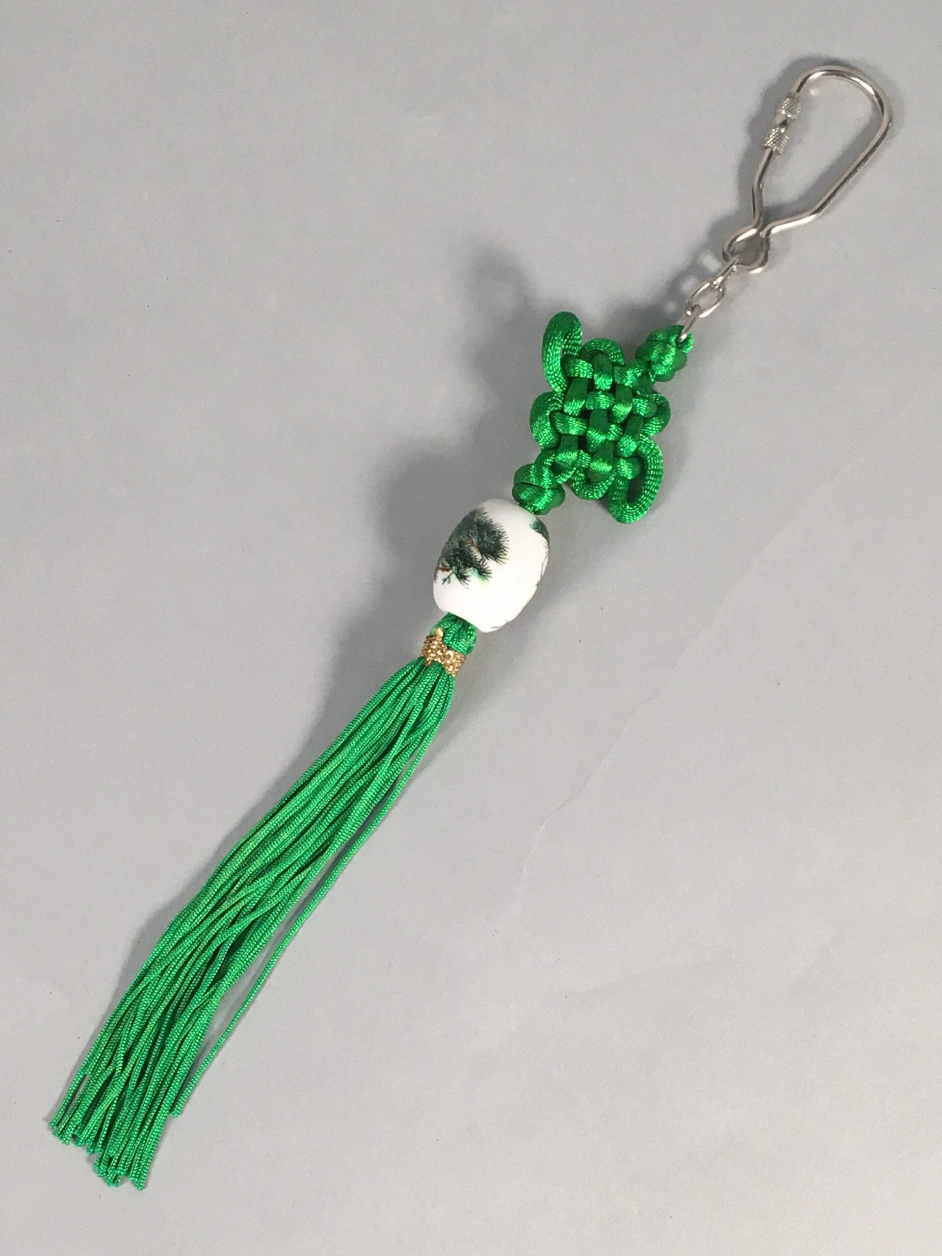 Japanese Key Chain Vtg Green Tassel Braid Porcelain Ball Pine Tree Sun JK84