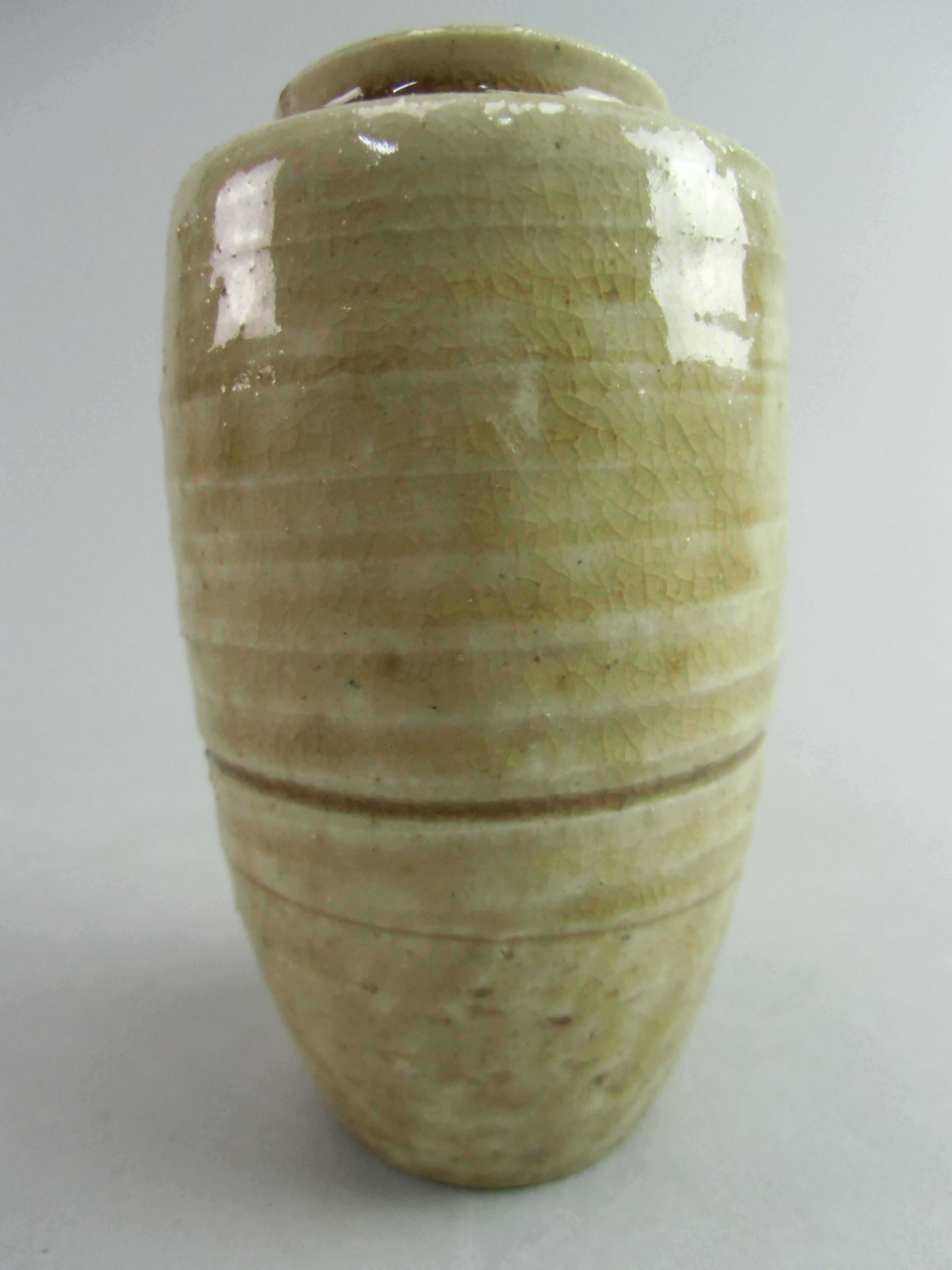 Japanese Ki Seto ware Mini Flower Vase Vtg Pottery Beige Green Ikebana MFV51