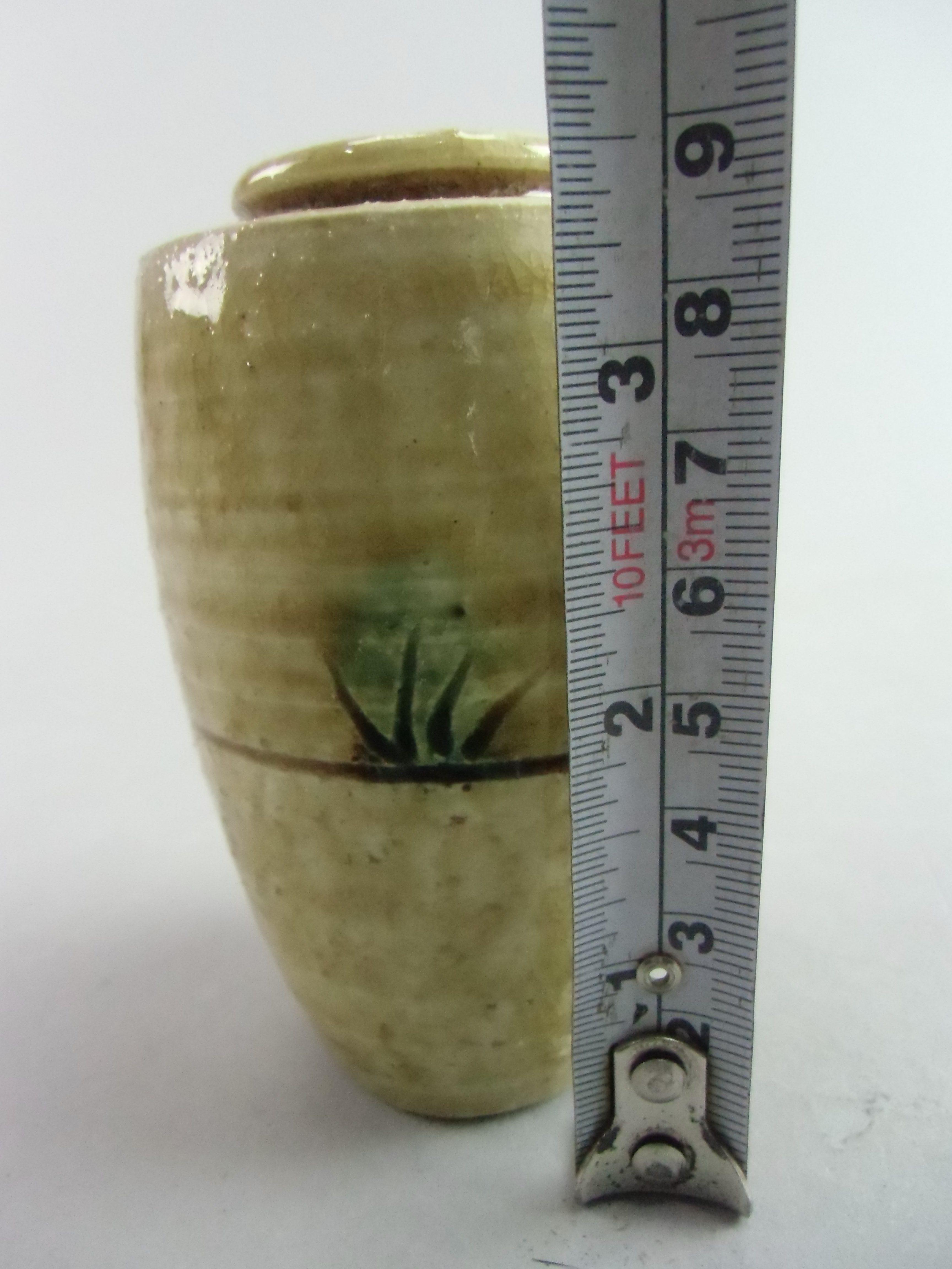 Japanese Ki Seto ware Mini Flower Vase Vtg Pottery Beige Green Ikebana MFV53