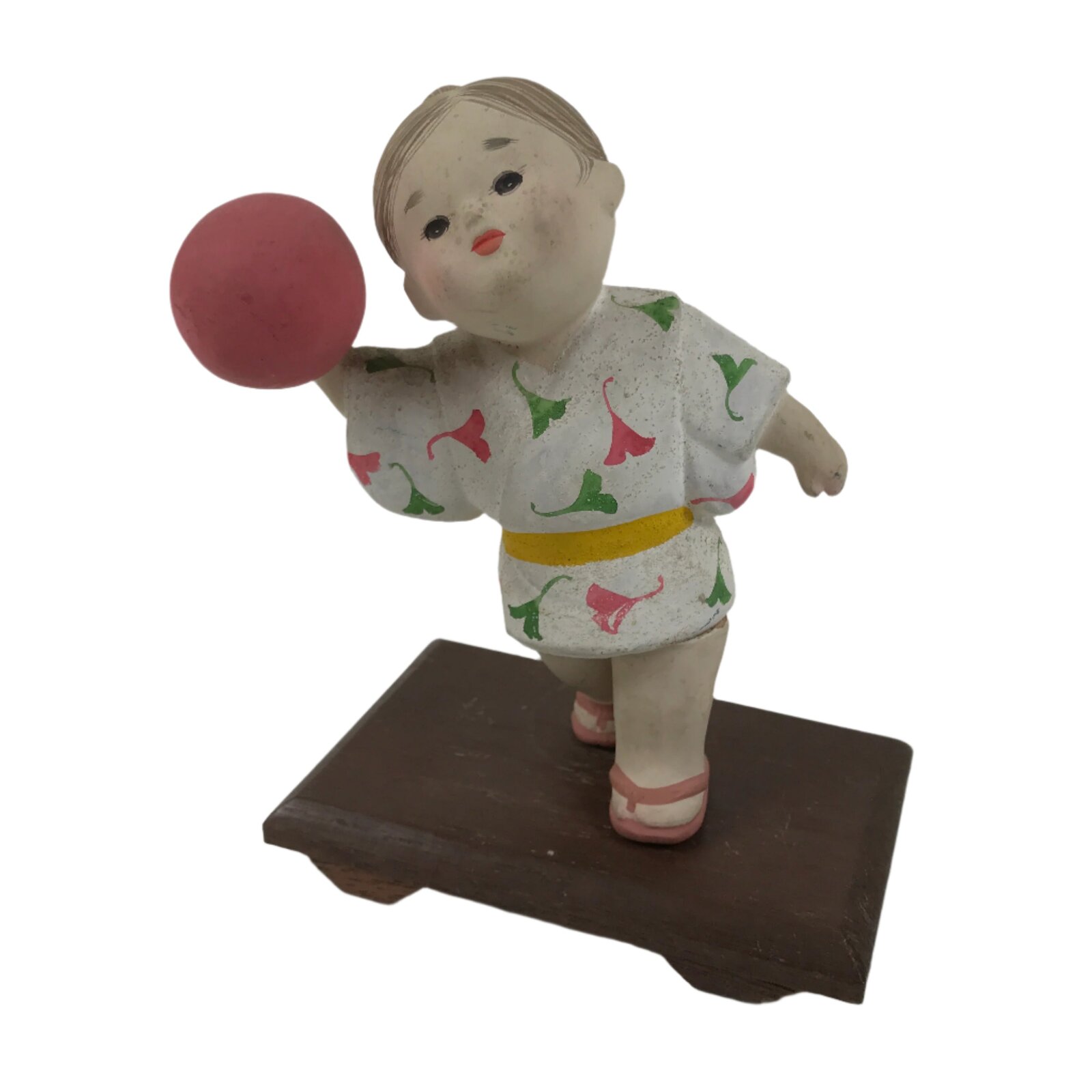 Japanese Kid Playing Ball Clay Doll Vtg Kimono Ningyo Figurine Pink White ST41