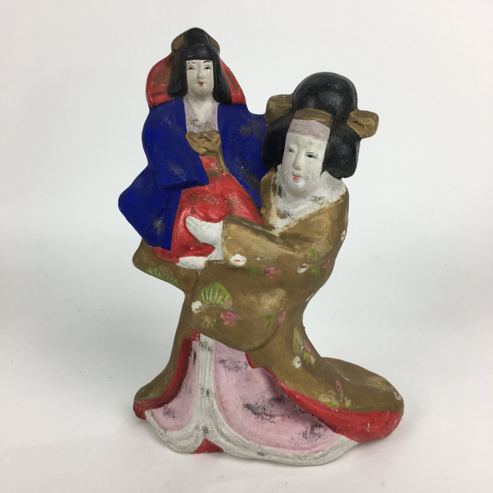 Japanese Kimono Doll Statue Vtg Plaster Mother And Child Figurine Okimono BD702