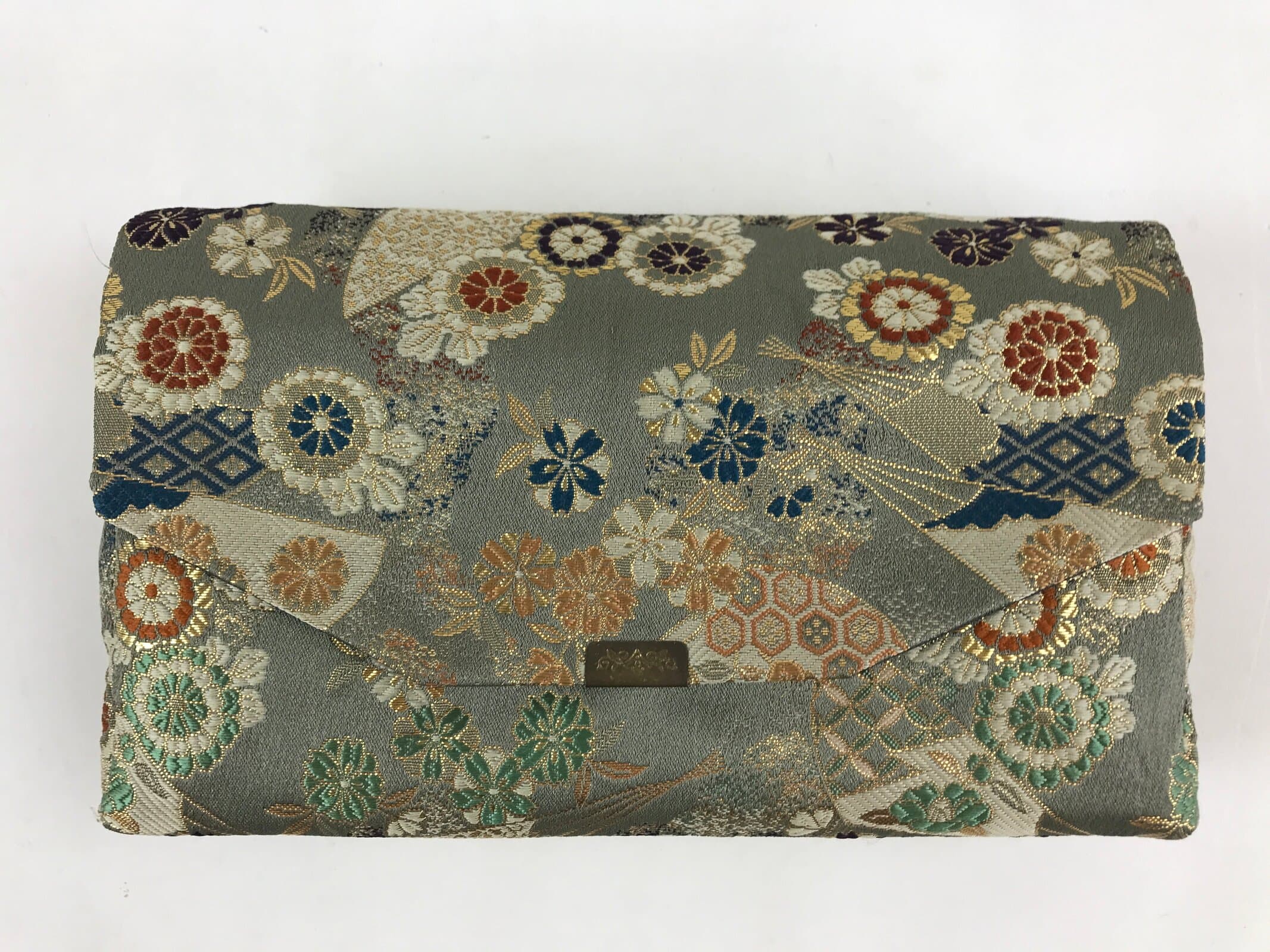 Japanese Kimono Dress Clutch Bag Vtg Green Flowers Ceremony Occasion KB68