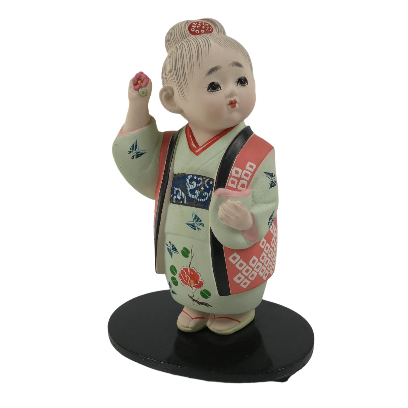 Japanese Kimono Girl Clay Doll Vtg Ningyo Figurine Green Blue Floral ST40