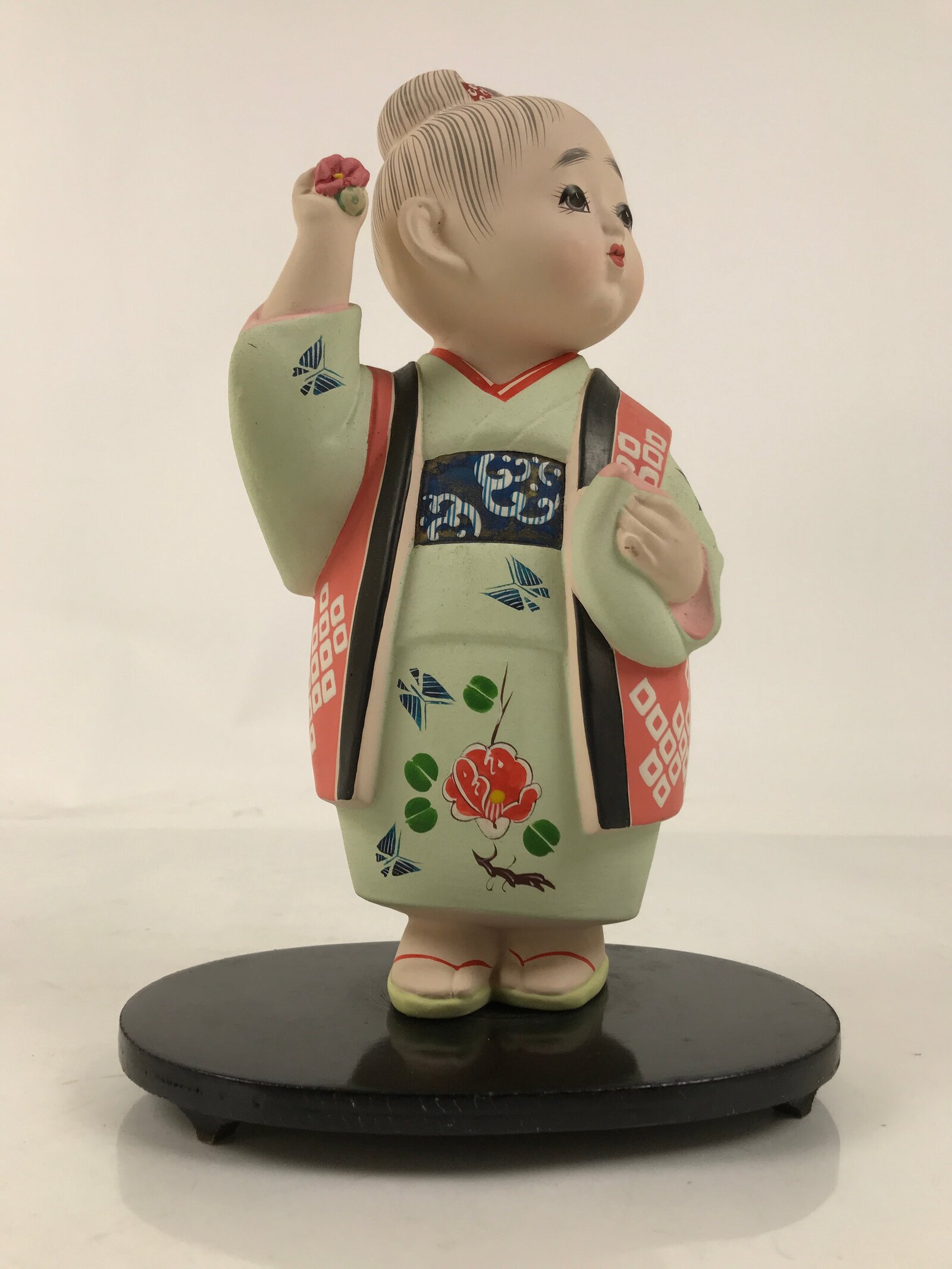 Japanese Kimono Girl Clay Doll Vtg Ningyo Figurine Green Blue Floral ST40