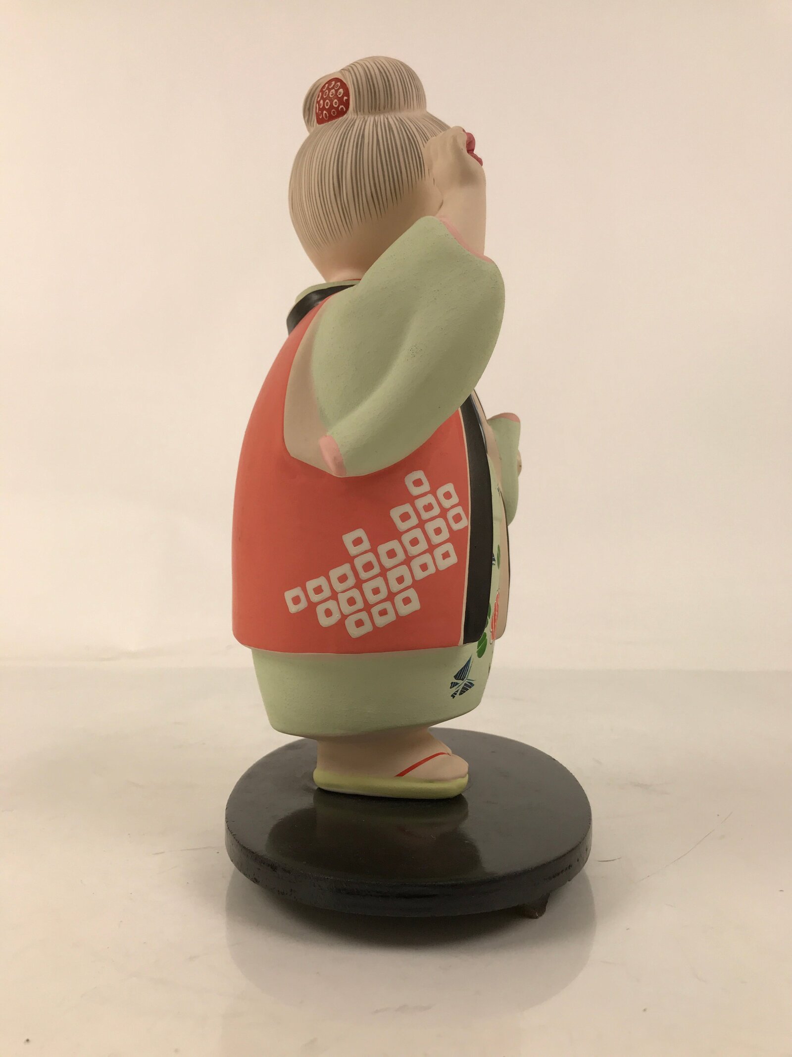 Japanese Kimono Girl Clay Doll Vtg Ningyo Figurine Green Blue Floral ST40