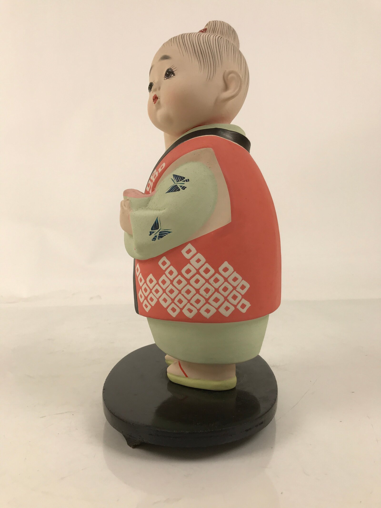 Japanese Kimono Girl Clay Doll Vtg Ningyo Figurine Green Blue Floral ST40