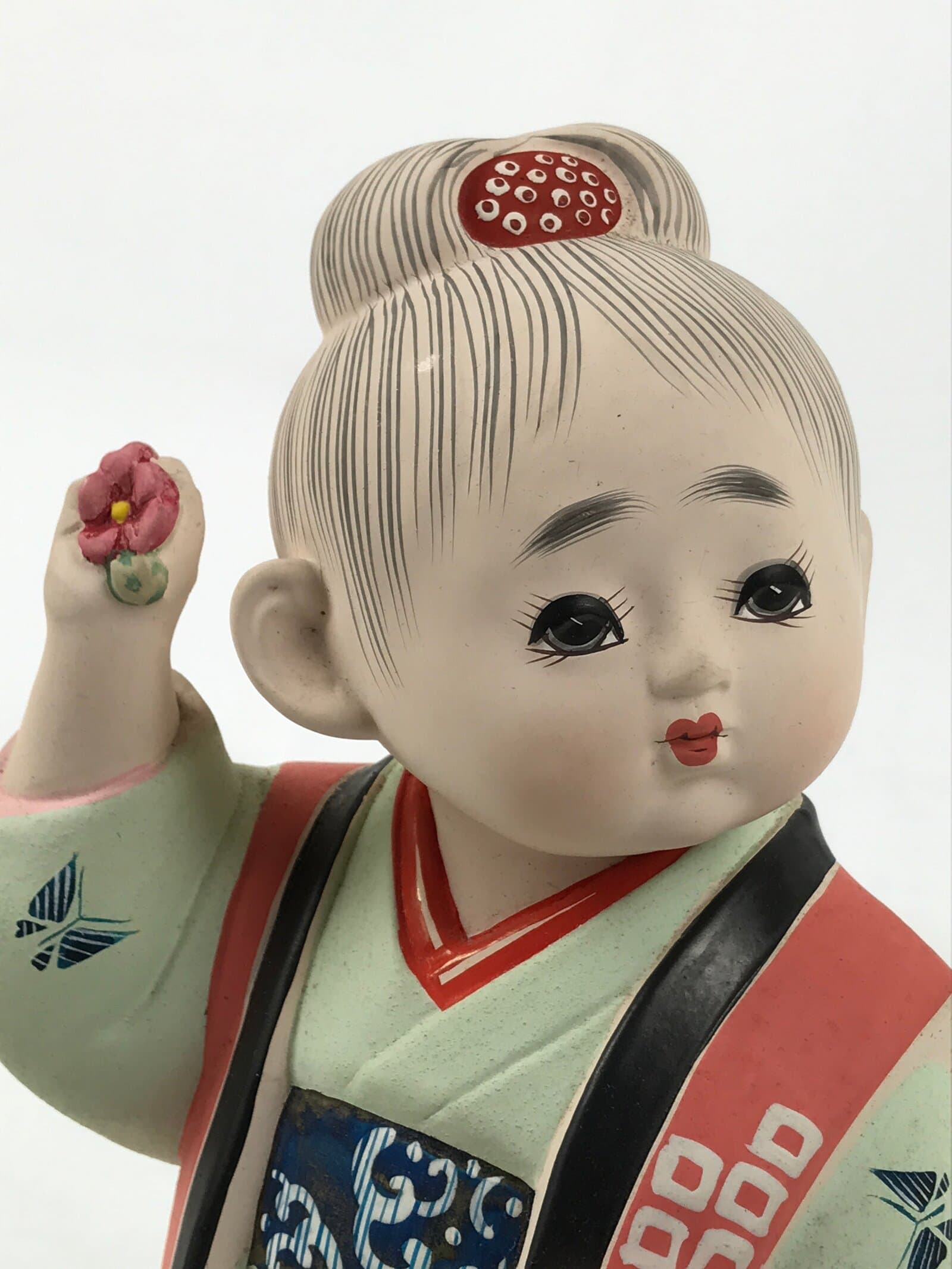 Japanese Kimono Girl Clay Doll Vtg Ningyo Figurine Green Blue Floral ST40