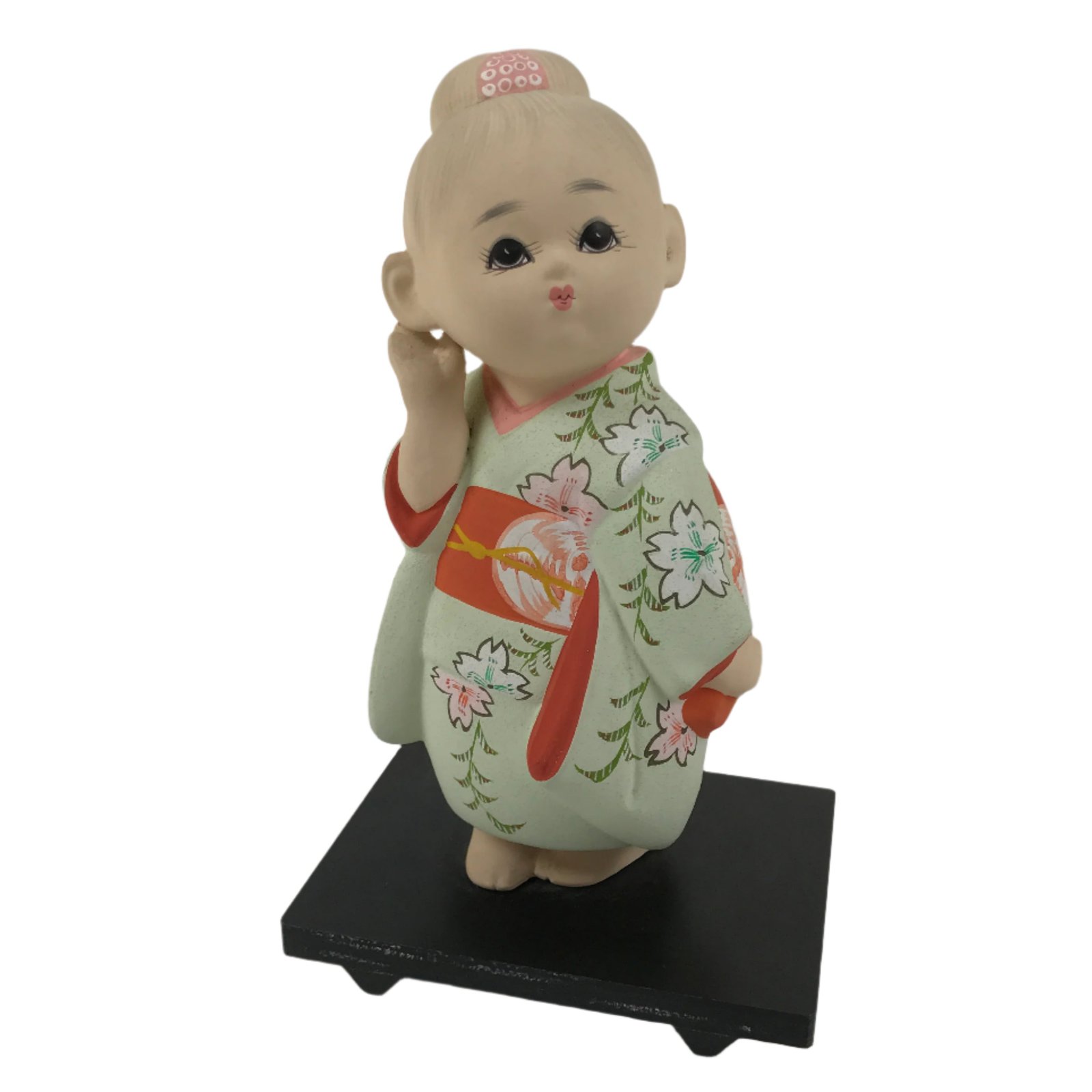 Japanese Kimono Girl Clay Doll Vtg Ningyo Figurine Green Red Floral ST39