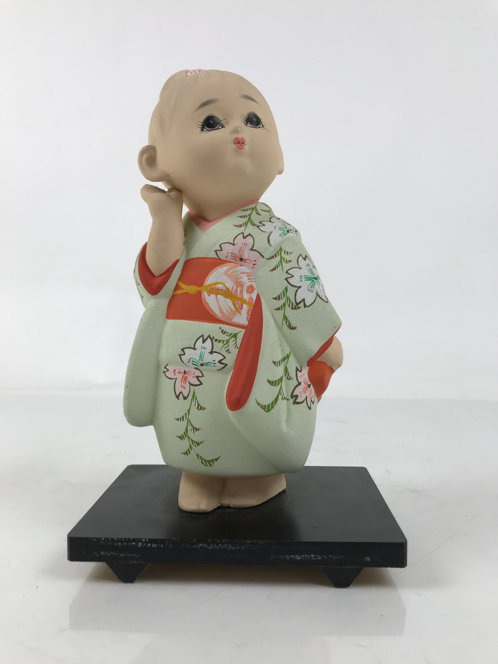 Japanese Kimono Girl Clay Doll Vtg Ningyo Figurine Green Red Floral ST39