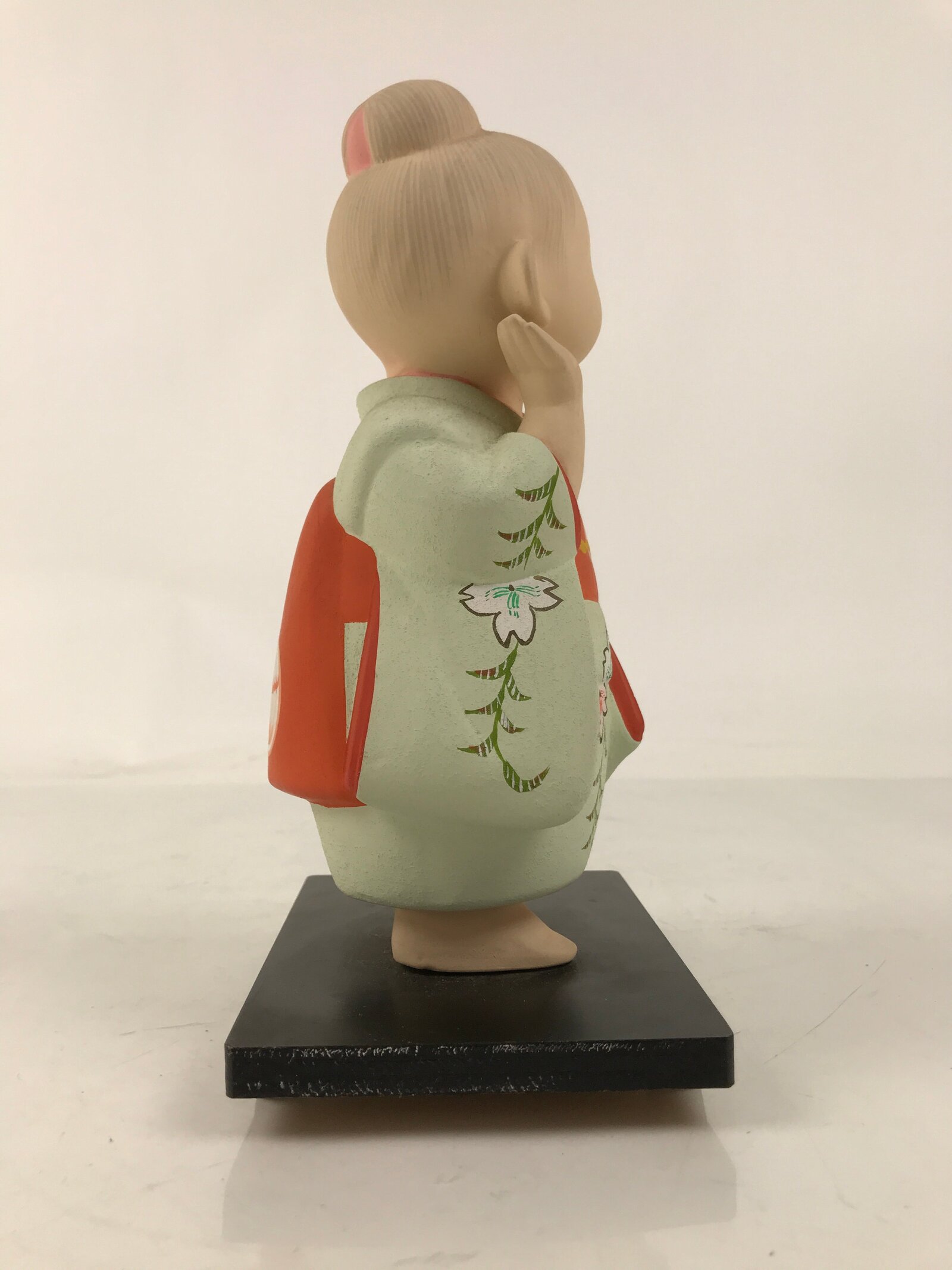 Japanese Kimono Girl Clay Doll Vtg Ningyo Figurine Green Red Floral ST39