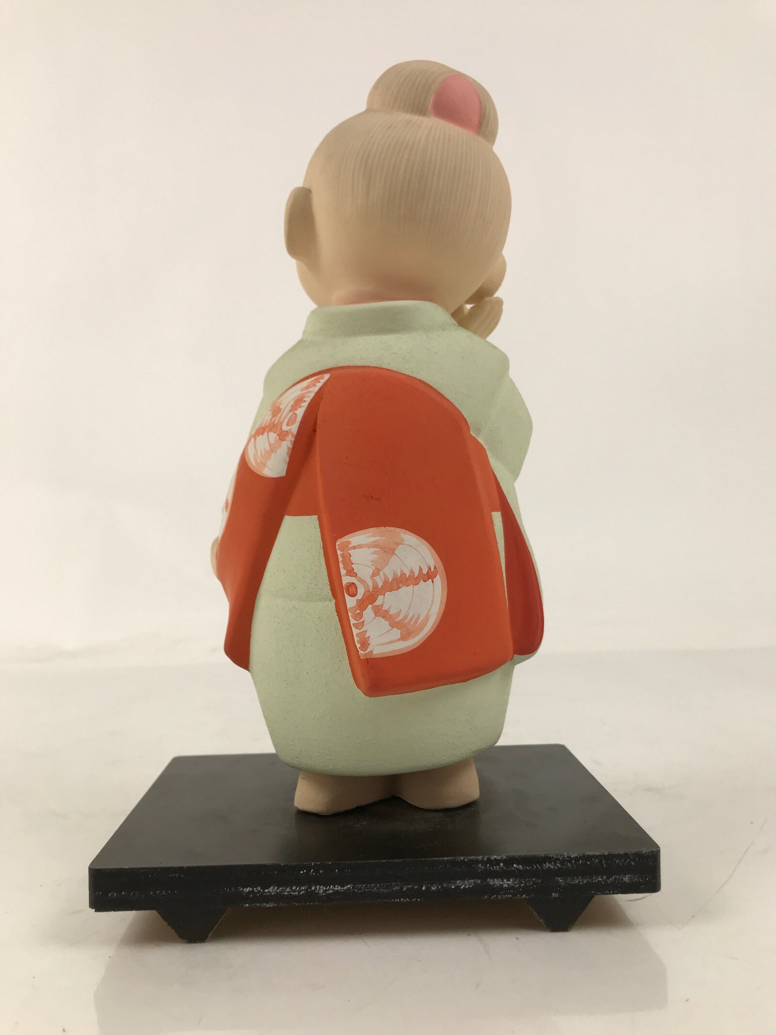 Japanese Kimono Girl Clay Doll Vtg Ningyo Figurine Green Red Floral ST39