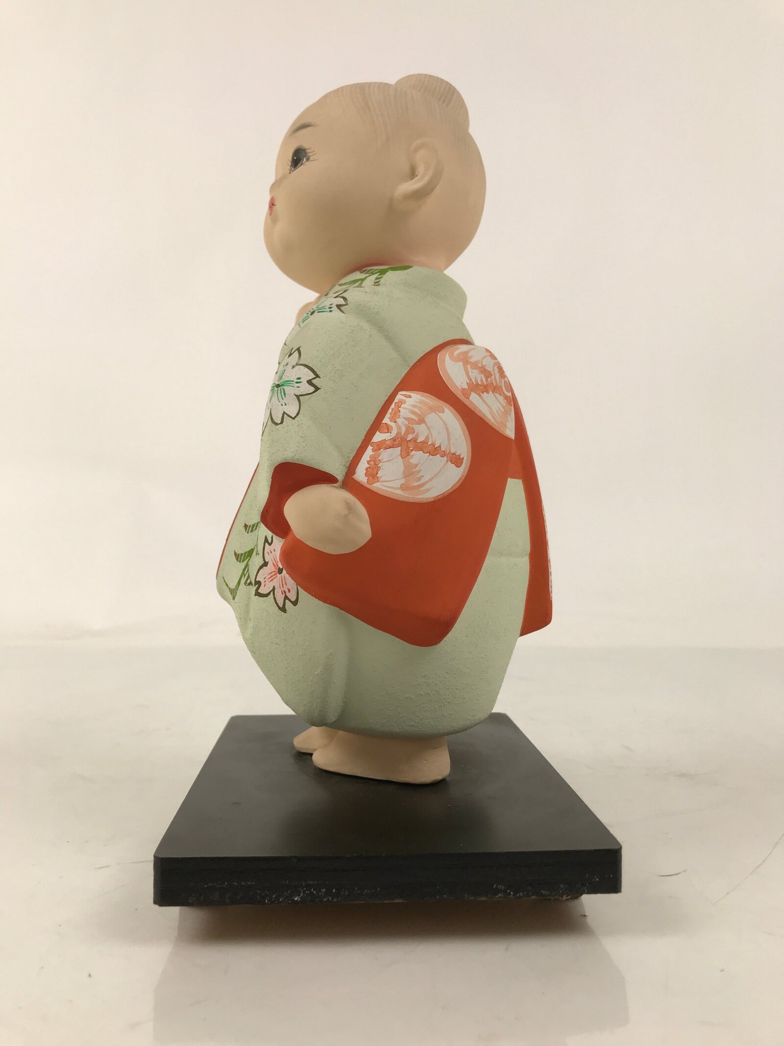 Japanese Kimono Girl Clay Doll Vtg Ningyo Figurine Green Red Floral ST39
