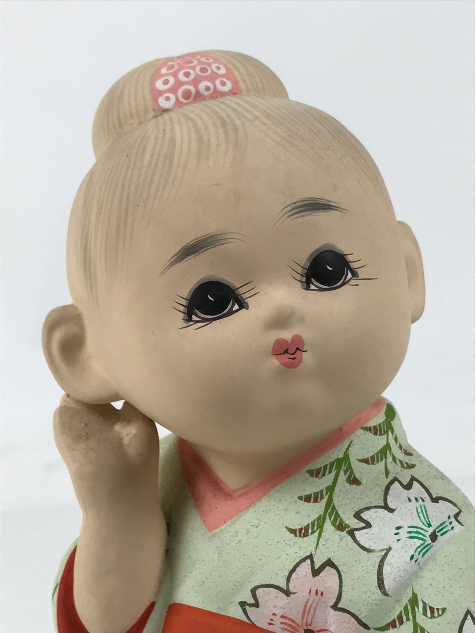 Japanese Kimono Girl Clay Doll Vtg Ningyo Figurine Green Red Floral ST39