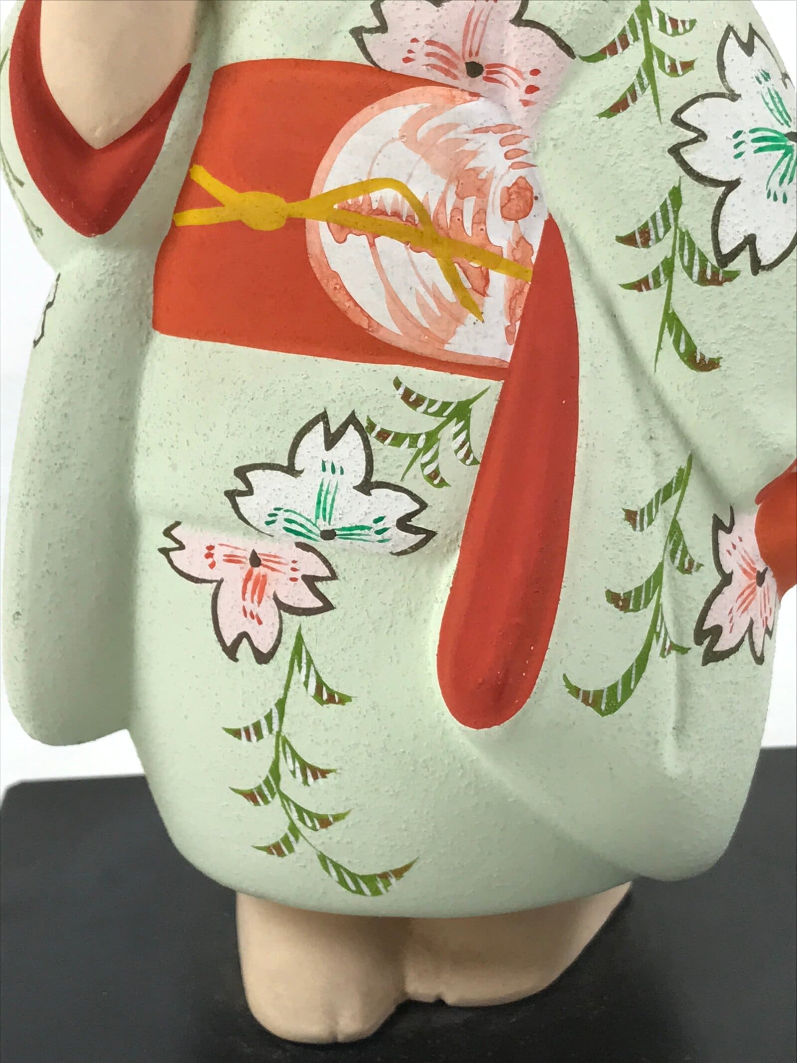Japanese Kimono Girl Clay Doll Vtg Ningyo Figurine Green Red Floral ST39