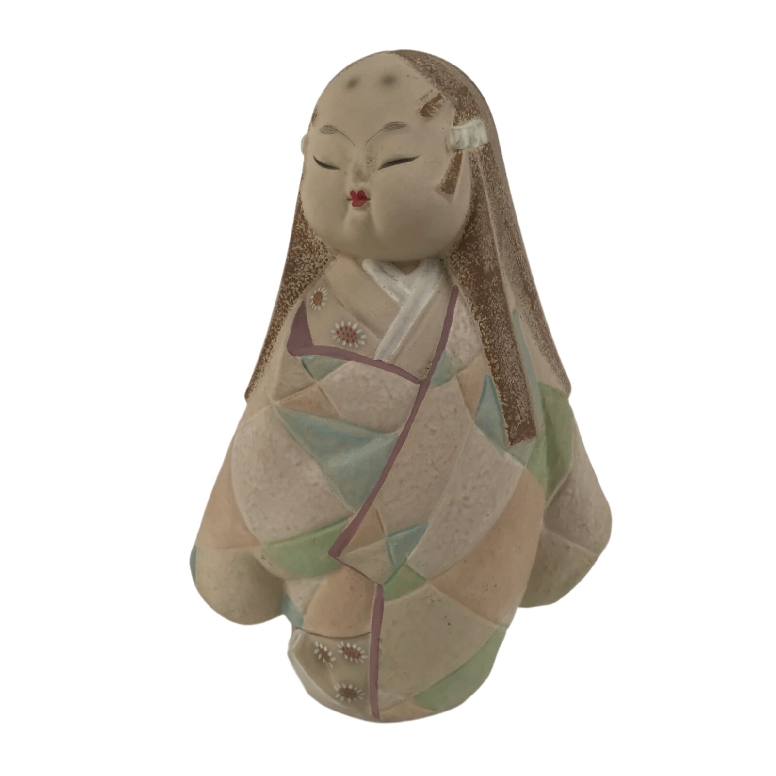 Japanese Kimono Girl Clay Doll Vtg Ningyo Figurine Long Hair Beige ST42