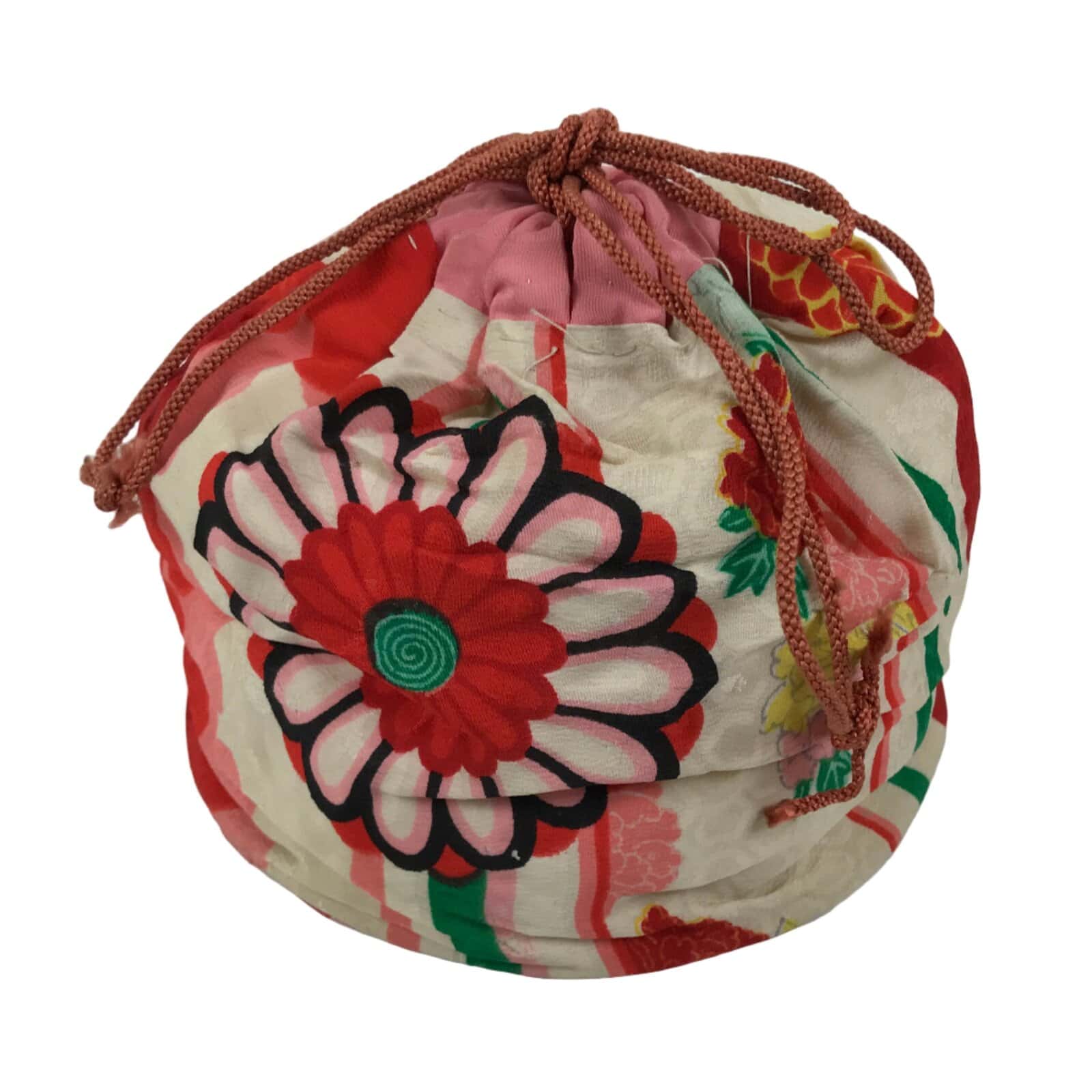 Japanese Kimono Silk Purse Kinchaku-Bukuro Bag Vtg Pouch Floral Red Pink KB99