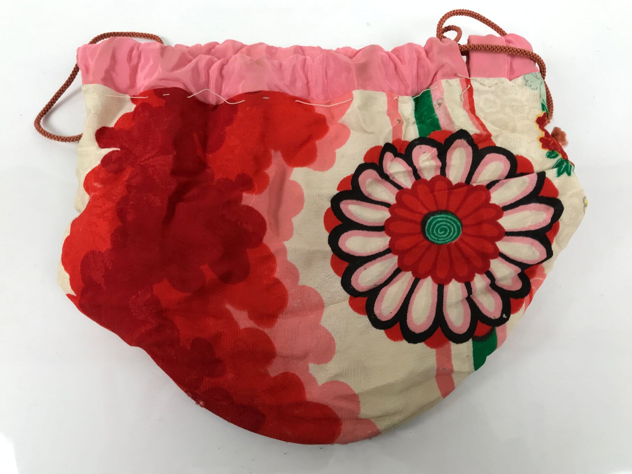 Japanese Kimono Silk Purse Kinchaku-Bukuro Bag Vtg Pouch Floral Red Pink KB99