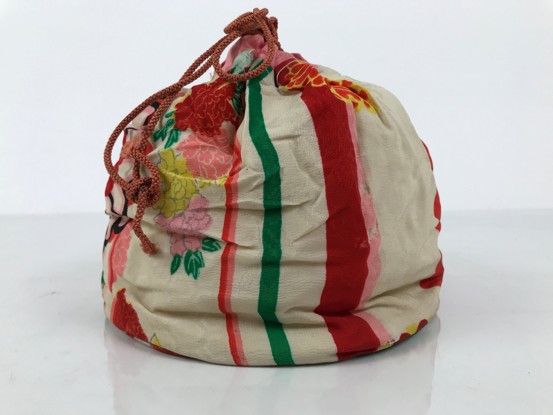 Japanese Kimono Silk Purse Kinchaku-Bukuro Bag Vtg Pouch Floral Red Pink KB99