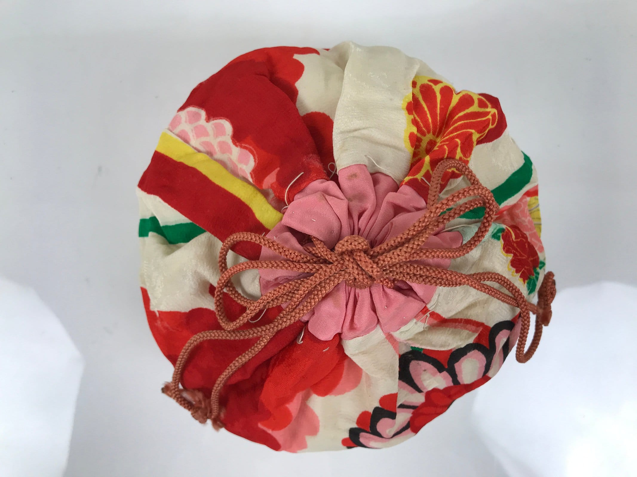 Japanese Kimono Silk Purse Kinchaku-Bukuro Bag Vtg Pouch Floral Red Pink KB99