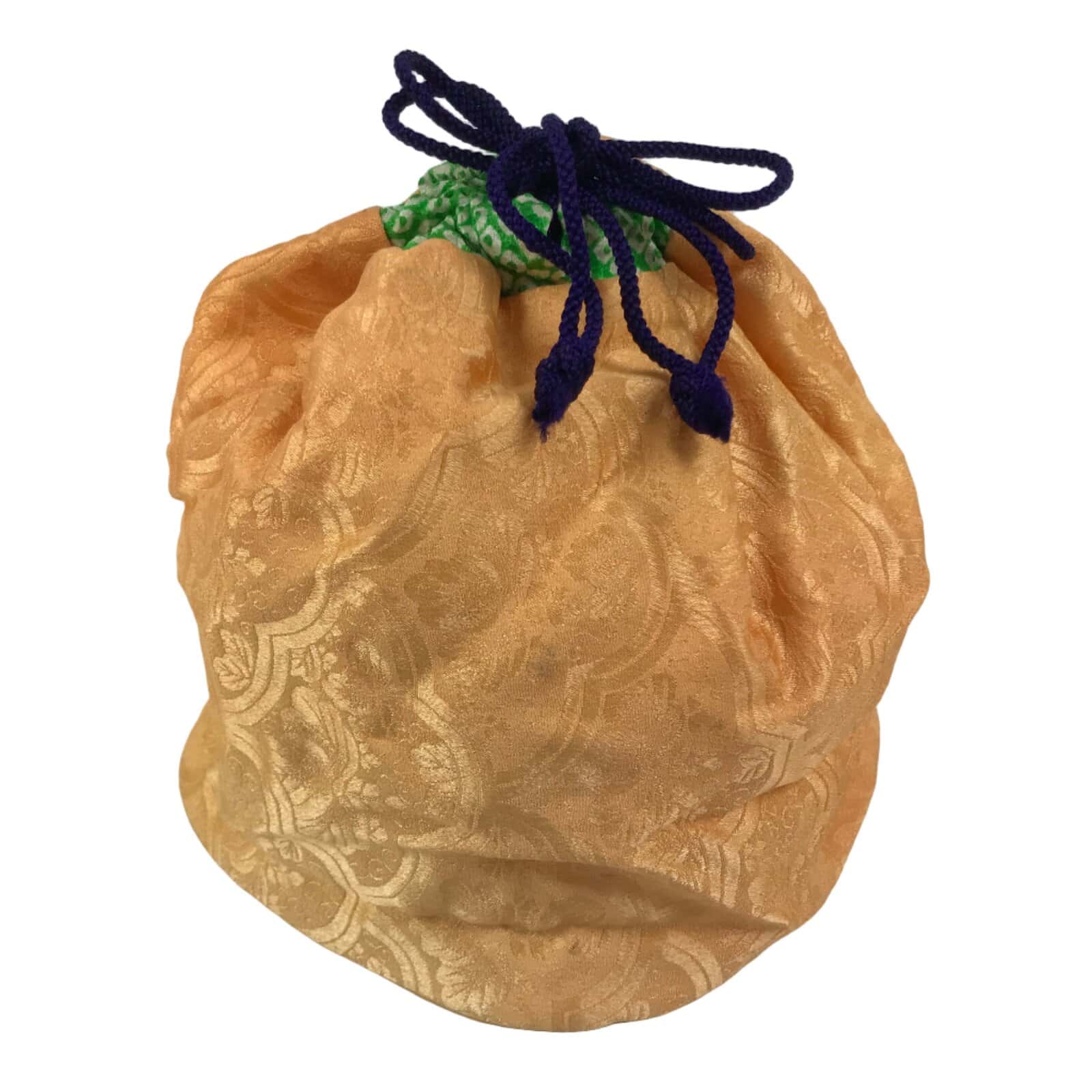 Japanese Kimono Silk Purse Kinchaku-Bukuro Bag Vtg Pouch Orange Green Kiri KB97