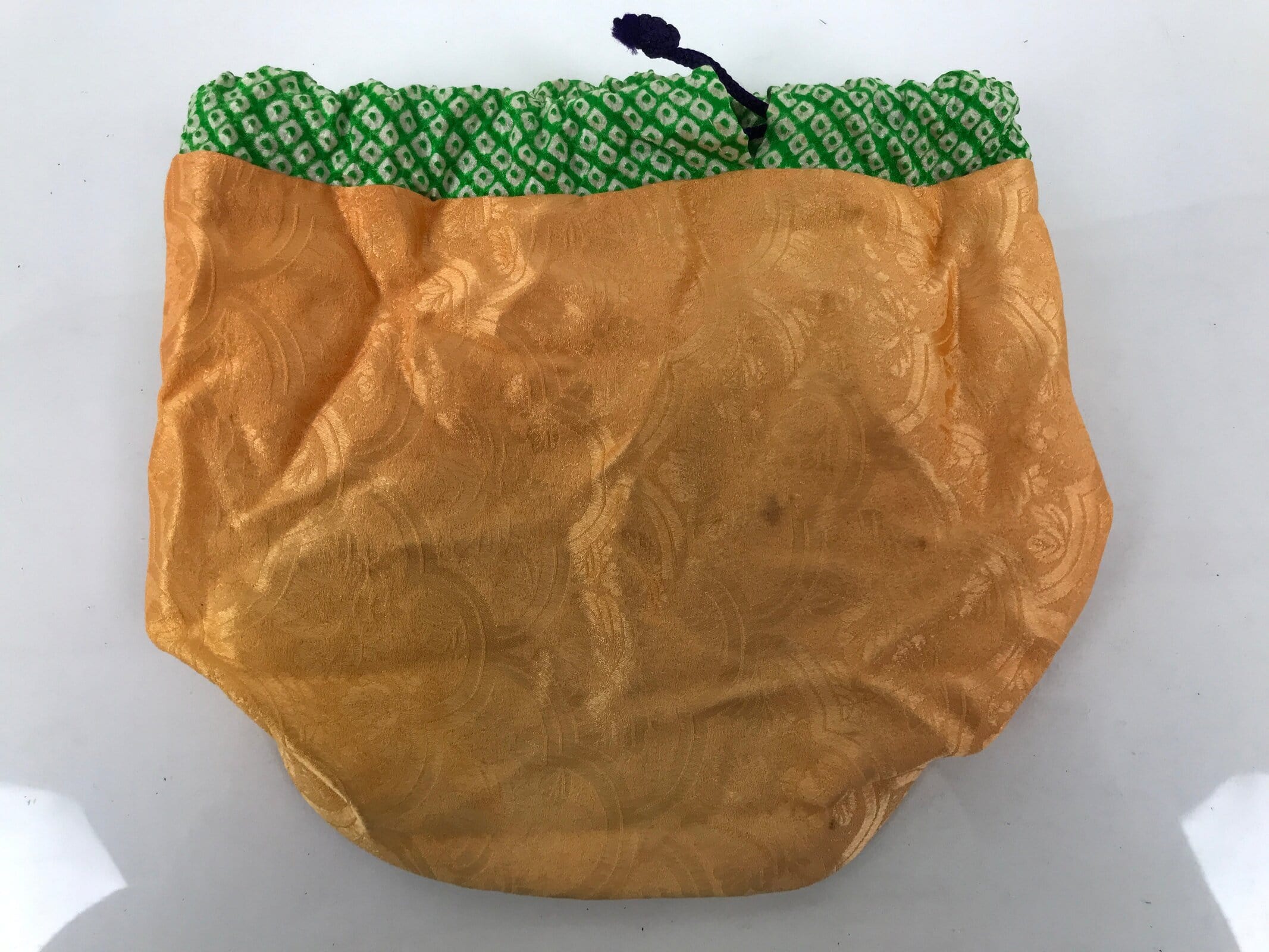 Japanese Kimono Silk Purse Kinchaku-Bukuro Bag Vtg Pouch Orange Green Kiri KB97