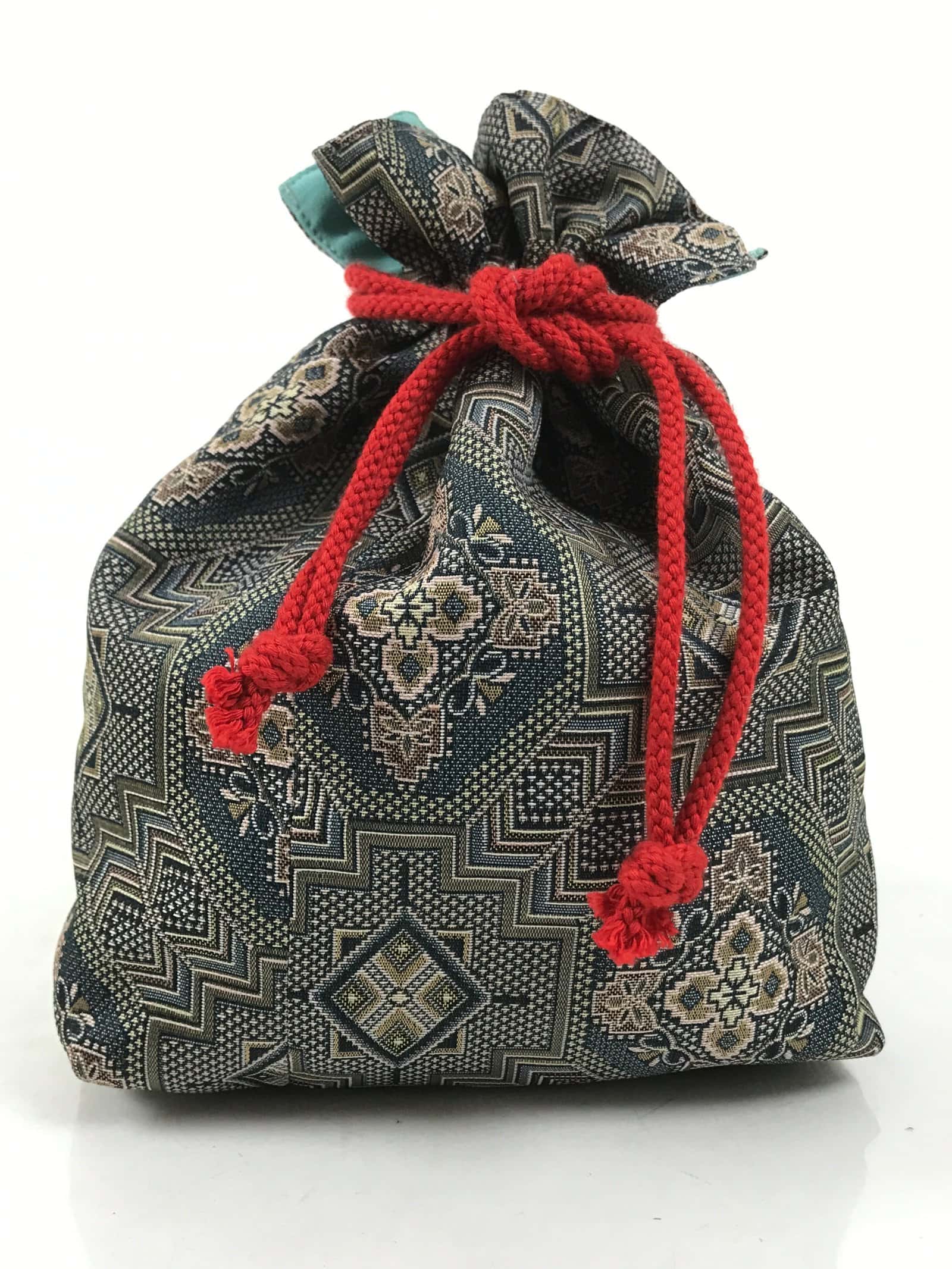 Japanese Kinchaku-Bukuro Bag Vtg Kimono Cloth Purse Pouch Geometric Floral KB95