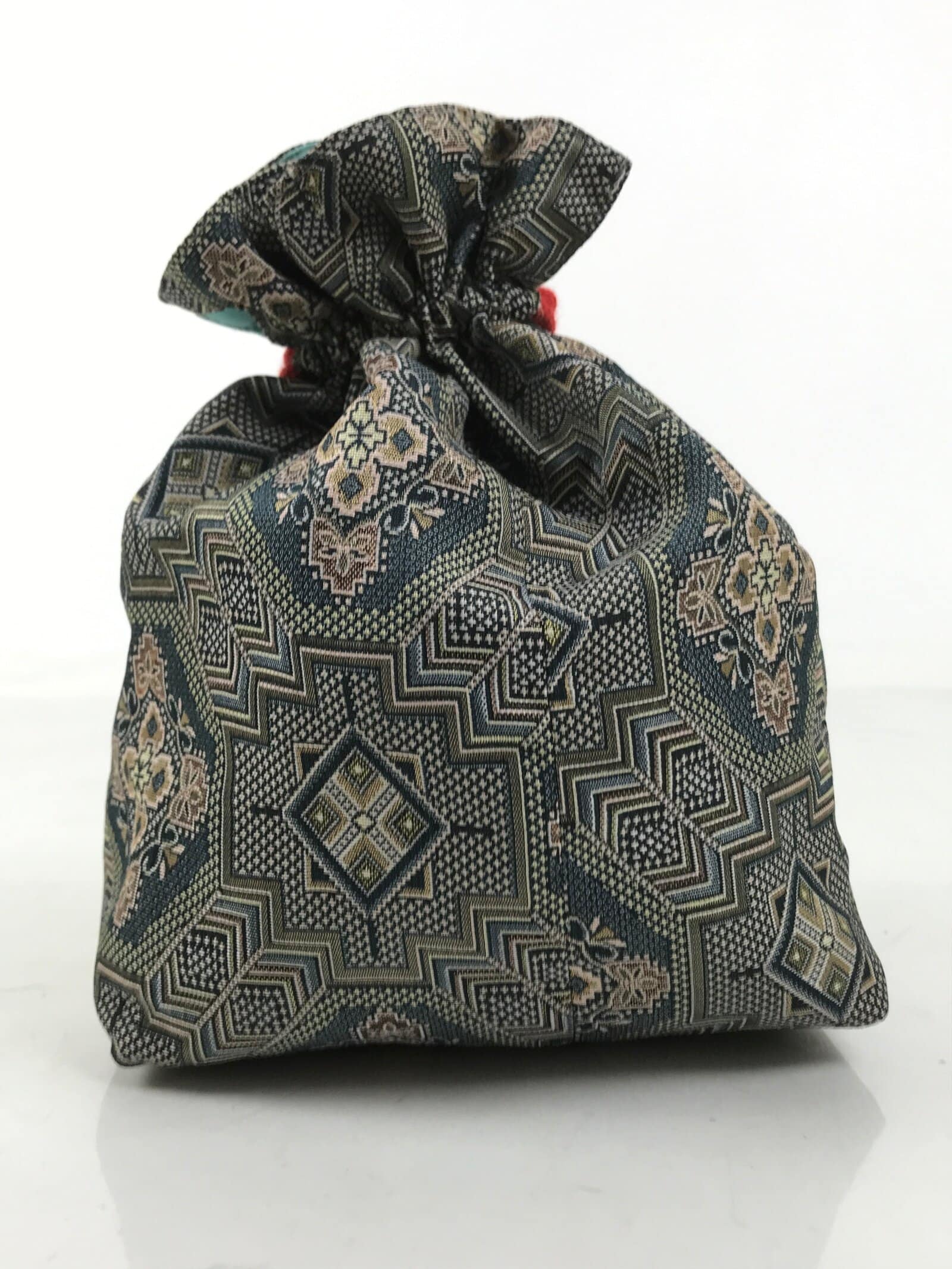 Japanese Kinchaku-Bukuro Bag Vtg Kimono Cloth Purse Pouch Geometric Floral KB95