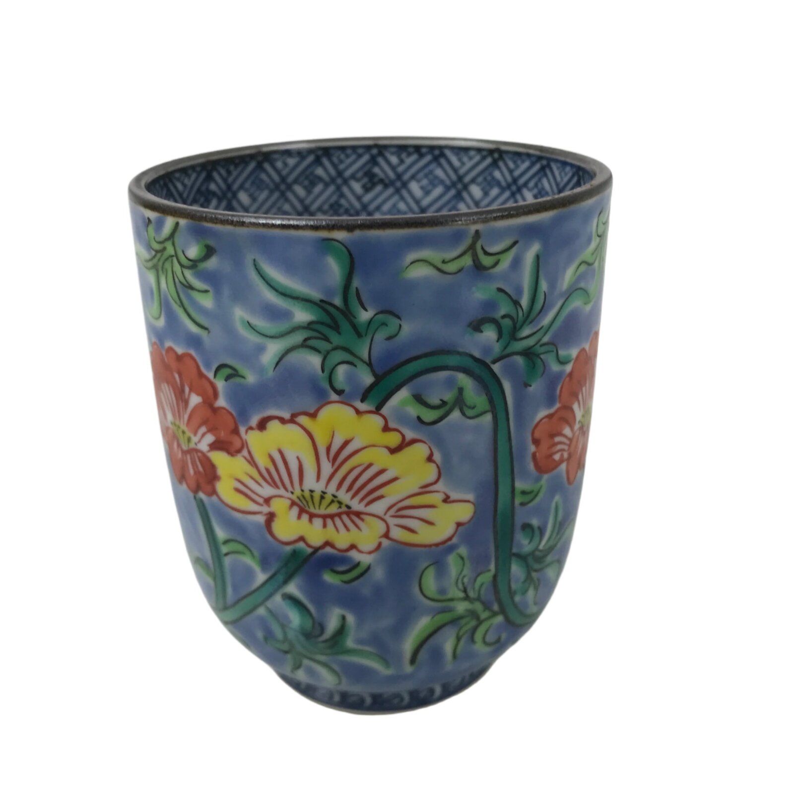 Japanese Kiyomizu Ware Porcelain Yunomi Teacup Vtg Peony Flowers Blue TC522