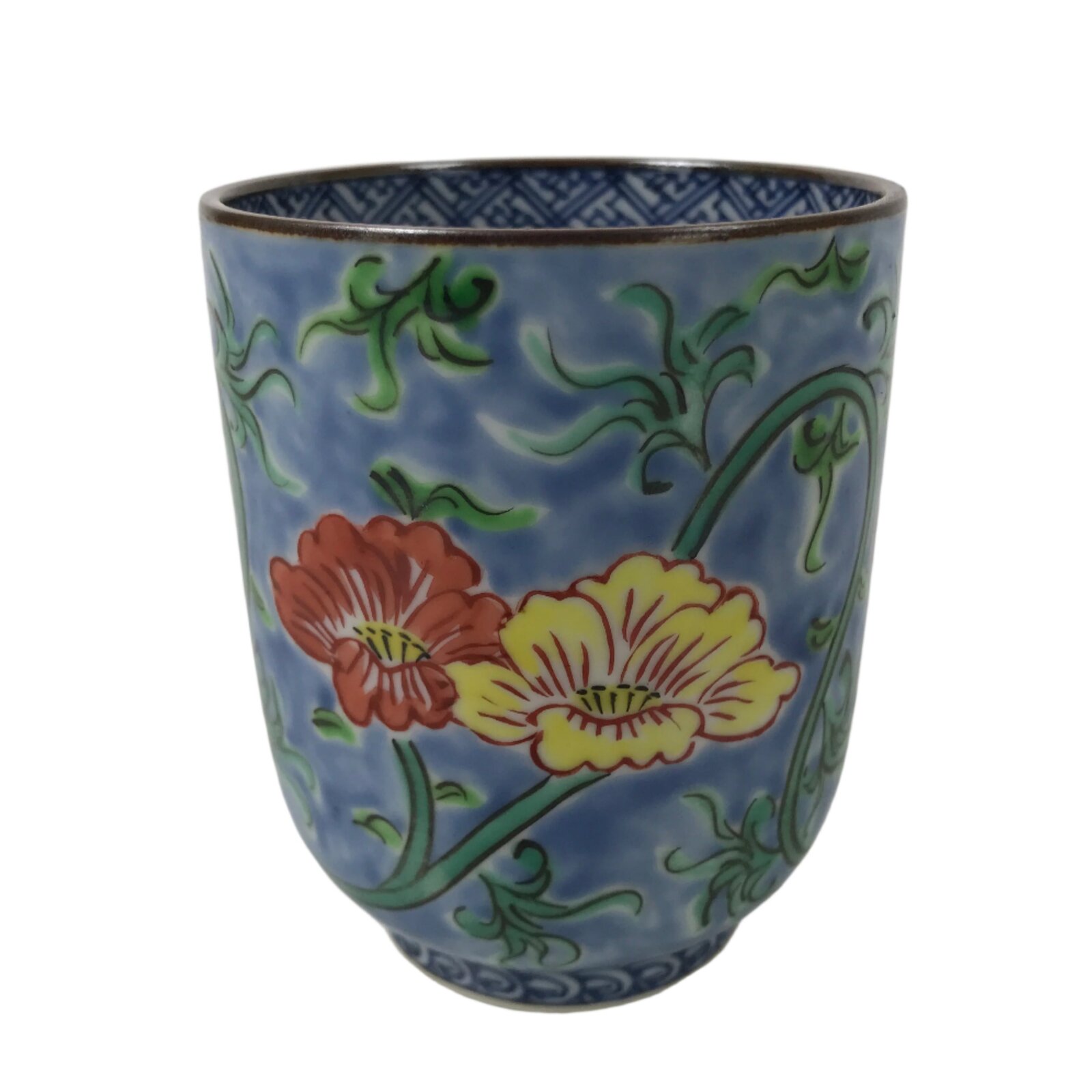 Japanese Kiyomizu Ware Porcelain Yunomi Teacup Vtg Peony Flowers Blue TC523