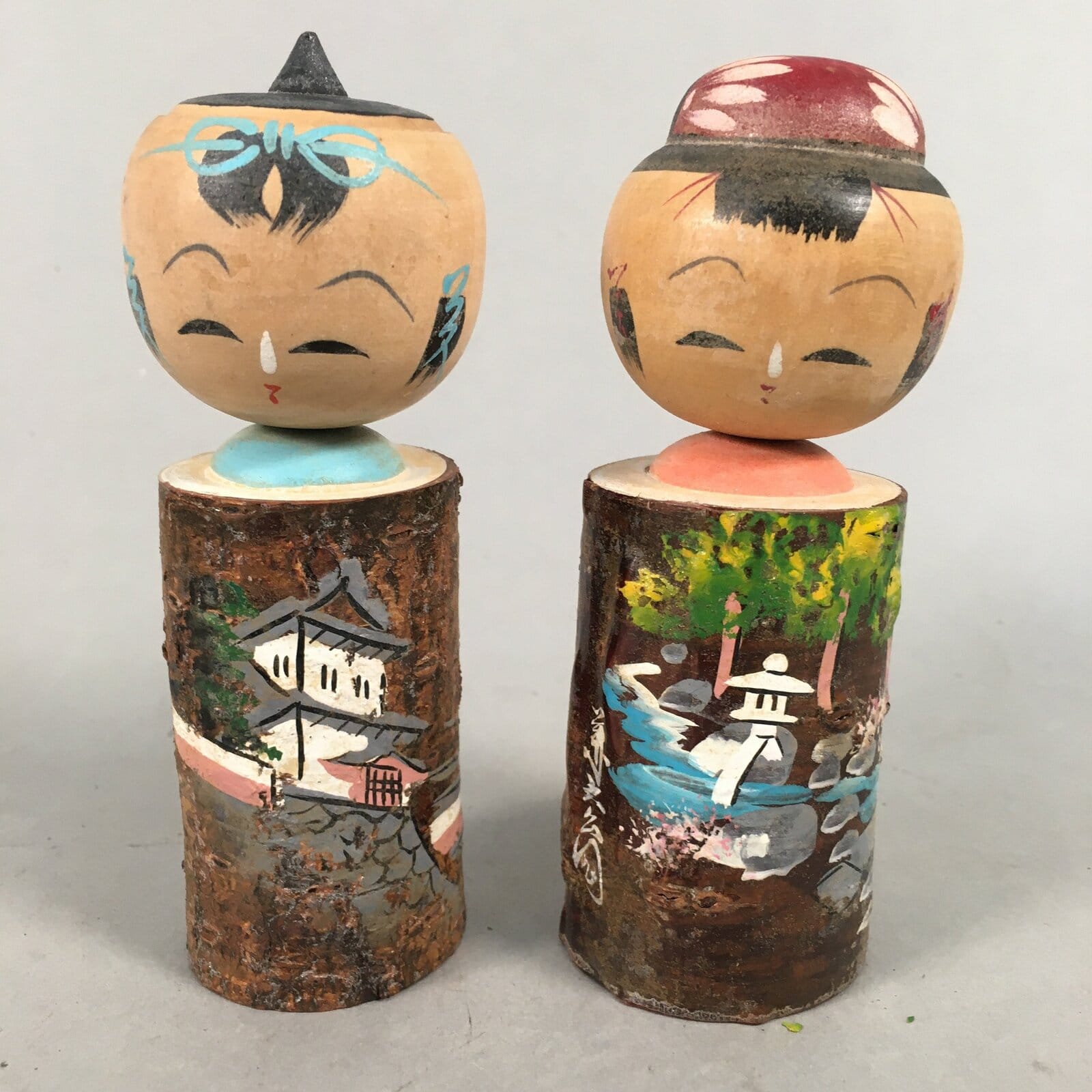 Japanese Kokeshi Doll 2pc Vtg Wooden Figurine Traditional Kokeshi Set KF541