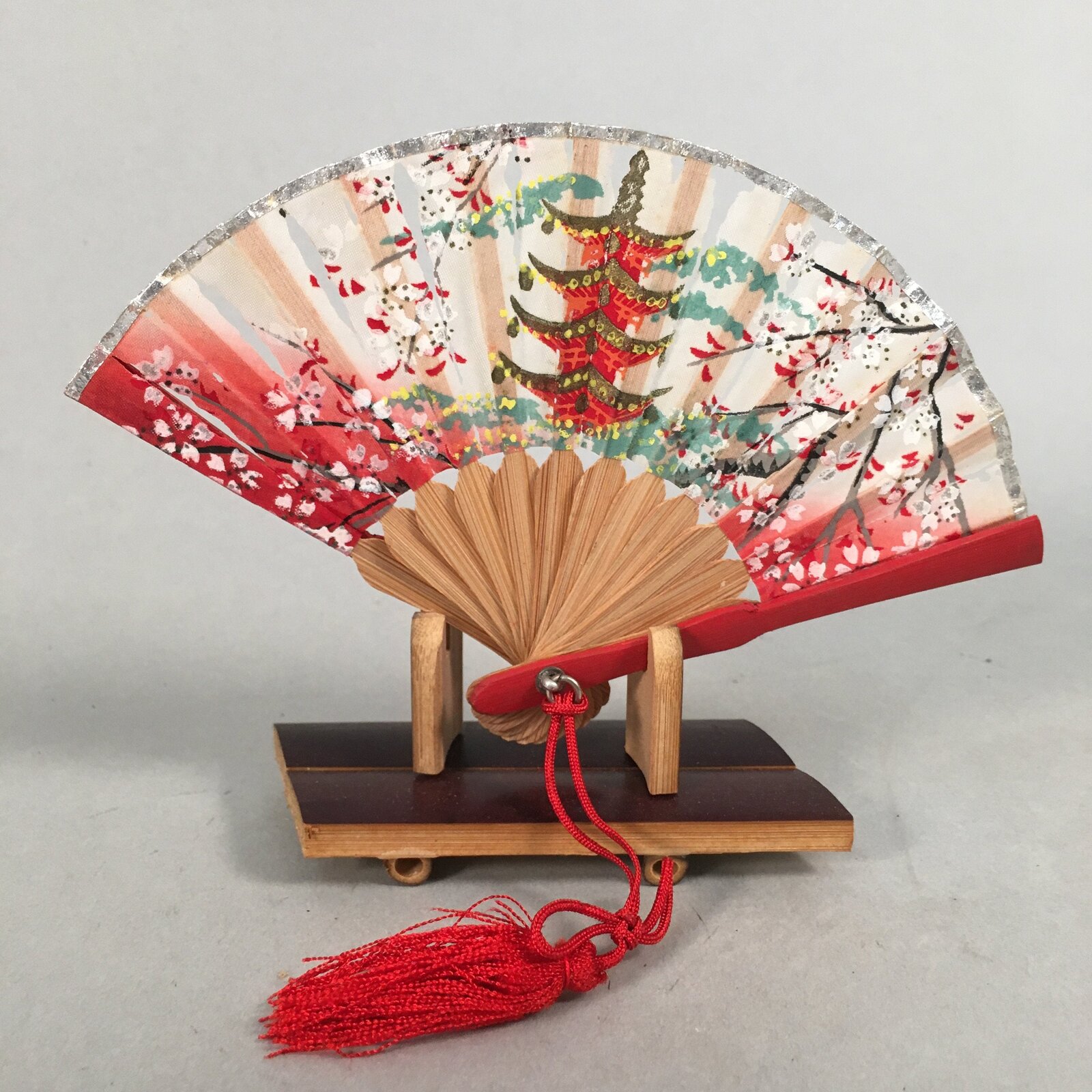 Japanese Kokeshi Doll Vtg Handmade Folding Fan Sensu Red Decoration KF547