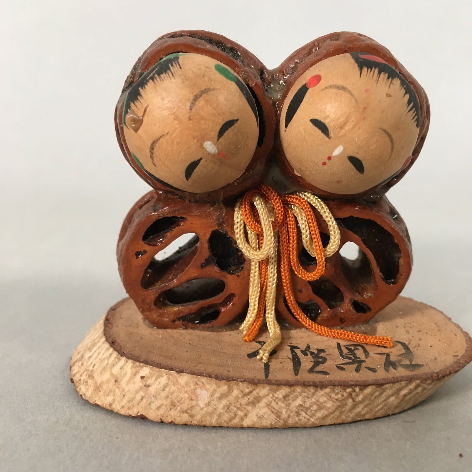 Japanese Kokeshi Doll Vtg Handmade Ornament Kids Face Twins Ningyo KF512