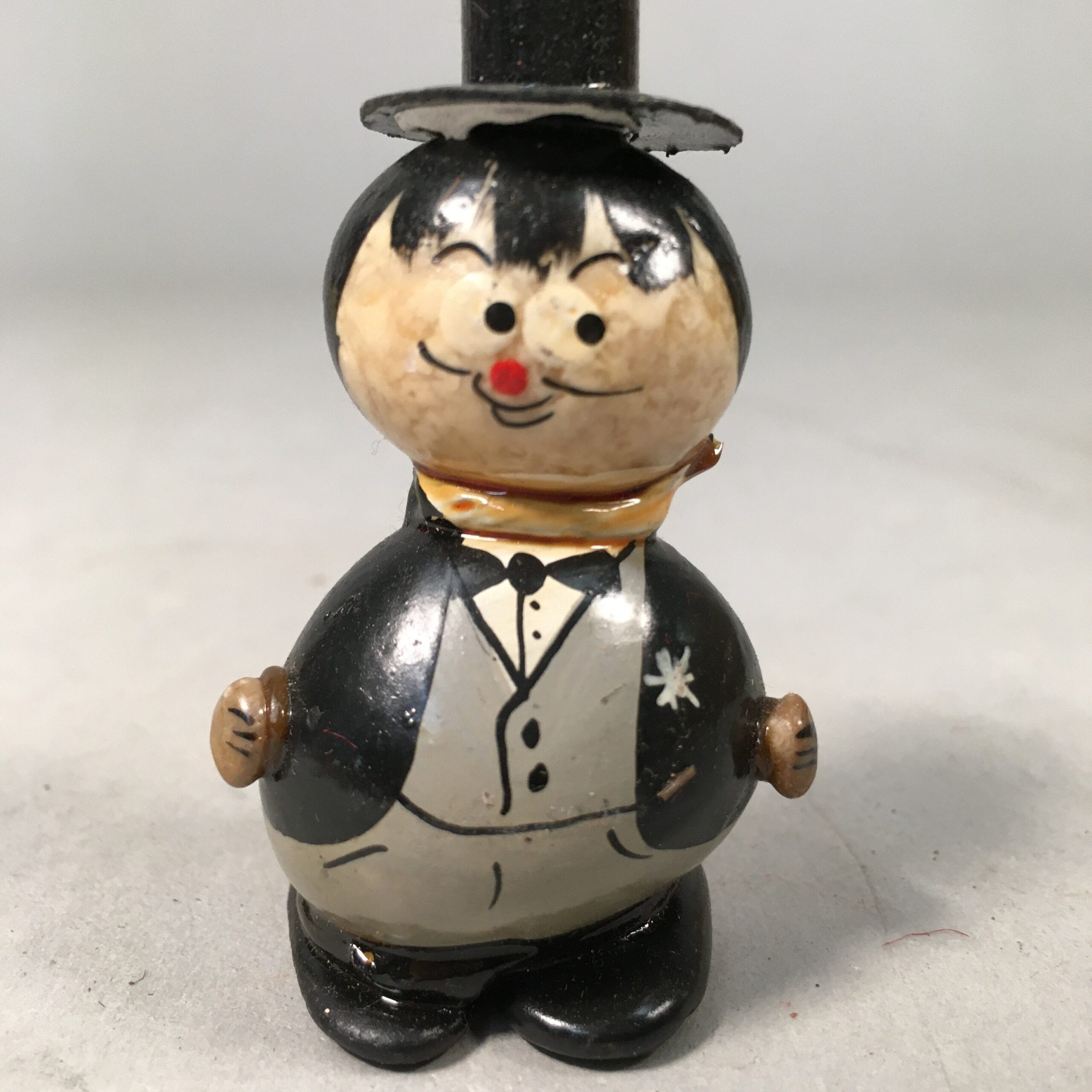 Japanese Kokeshi Doll Vtg Stone Figurine Silk Hat Tuxedo Man Round KF387