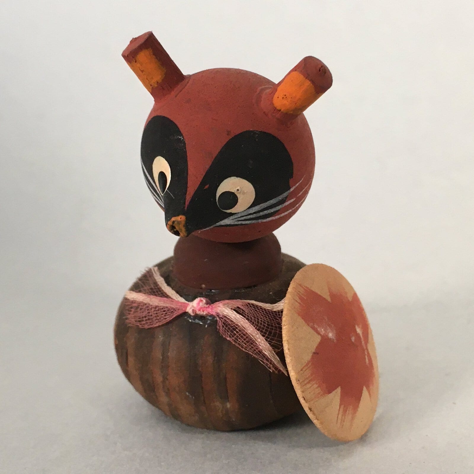 Japanese Kokeshi Doll Vtg Wooden Figurine Raccoon Dog Tanuki Wobbly Head KF486