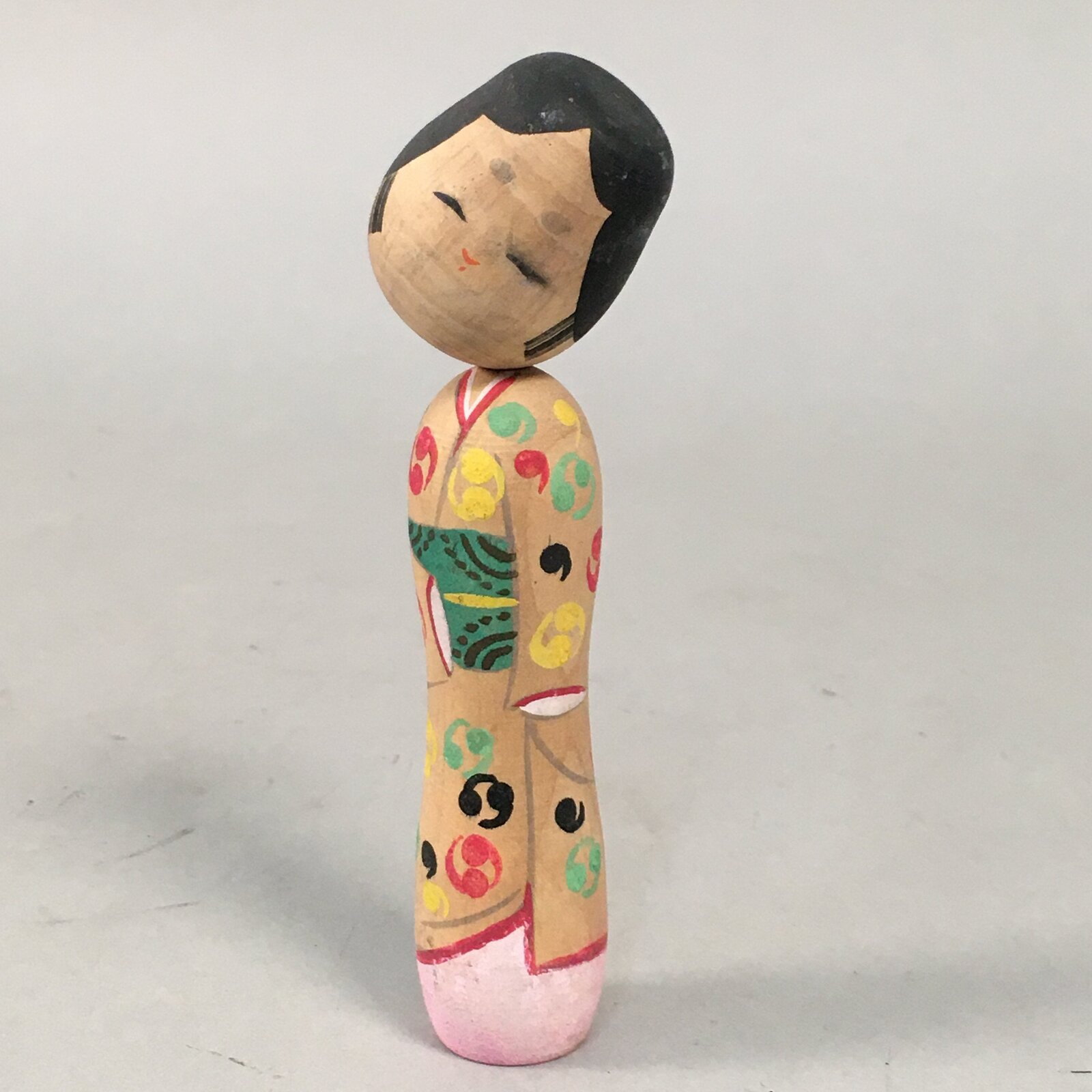 Japanese Kokeshi Doll Vtg Wooden Figurine Wobbly Head Okame Kimono KF455