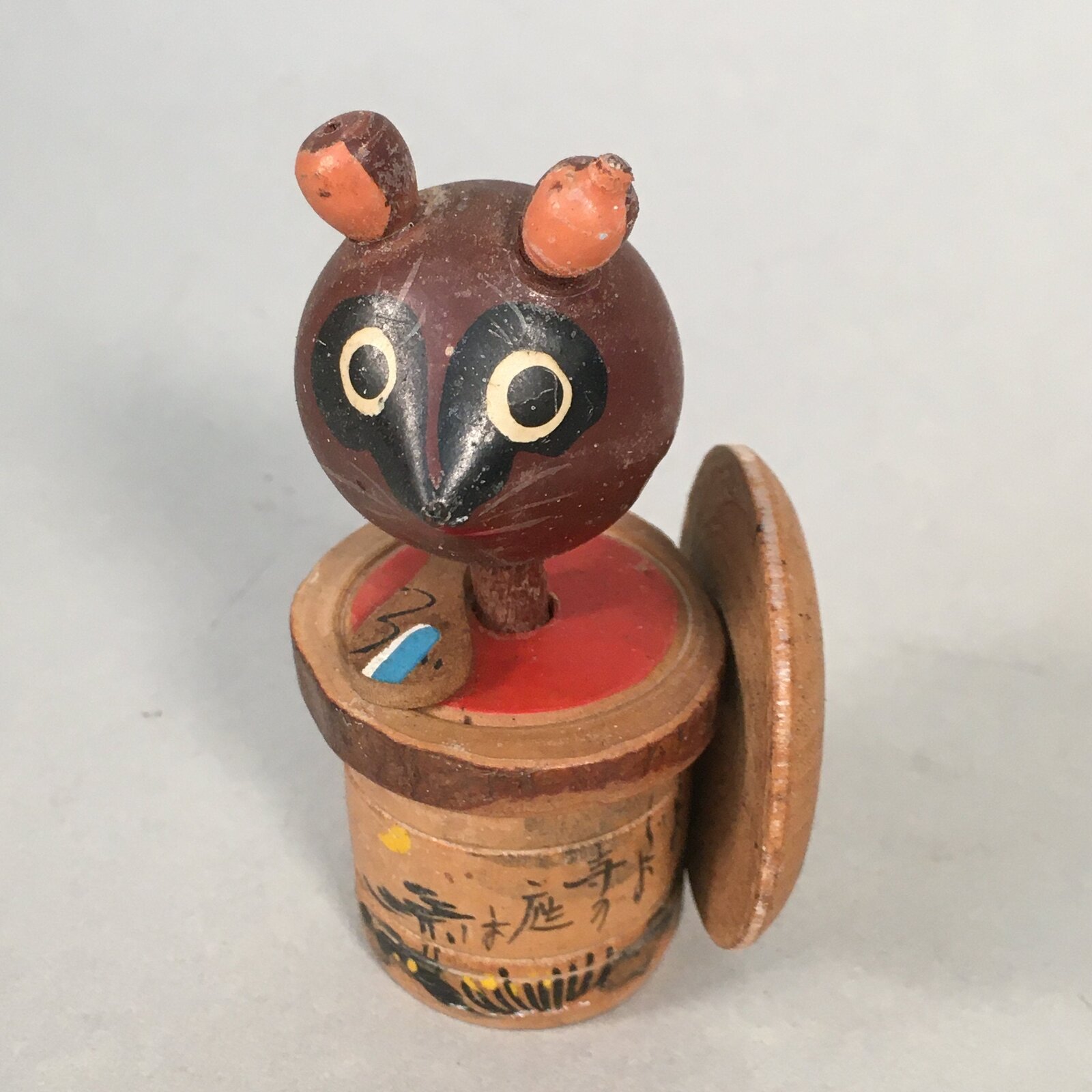 Japanese Kokeshi Doll Wooden Figurine Raccoon Dog Tanuki Rice Container KF484