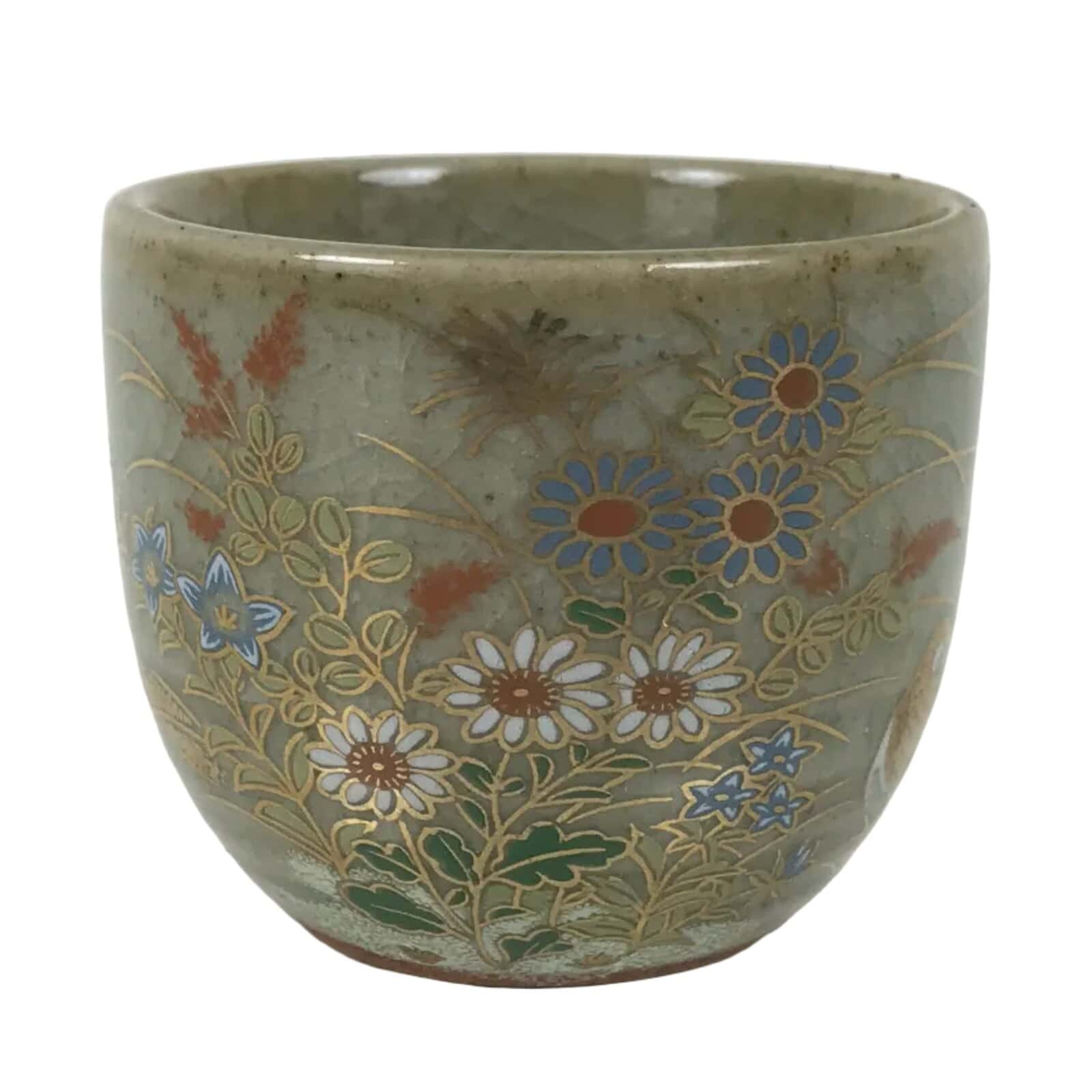 Japanese Kutani Imari Ceramic Sake Cup Vtg Tsubomi Ochoko Flowers Bird Gray G336