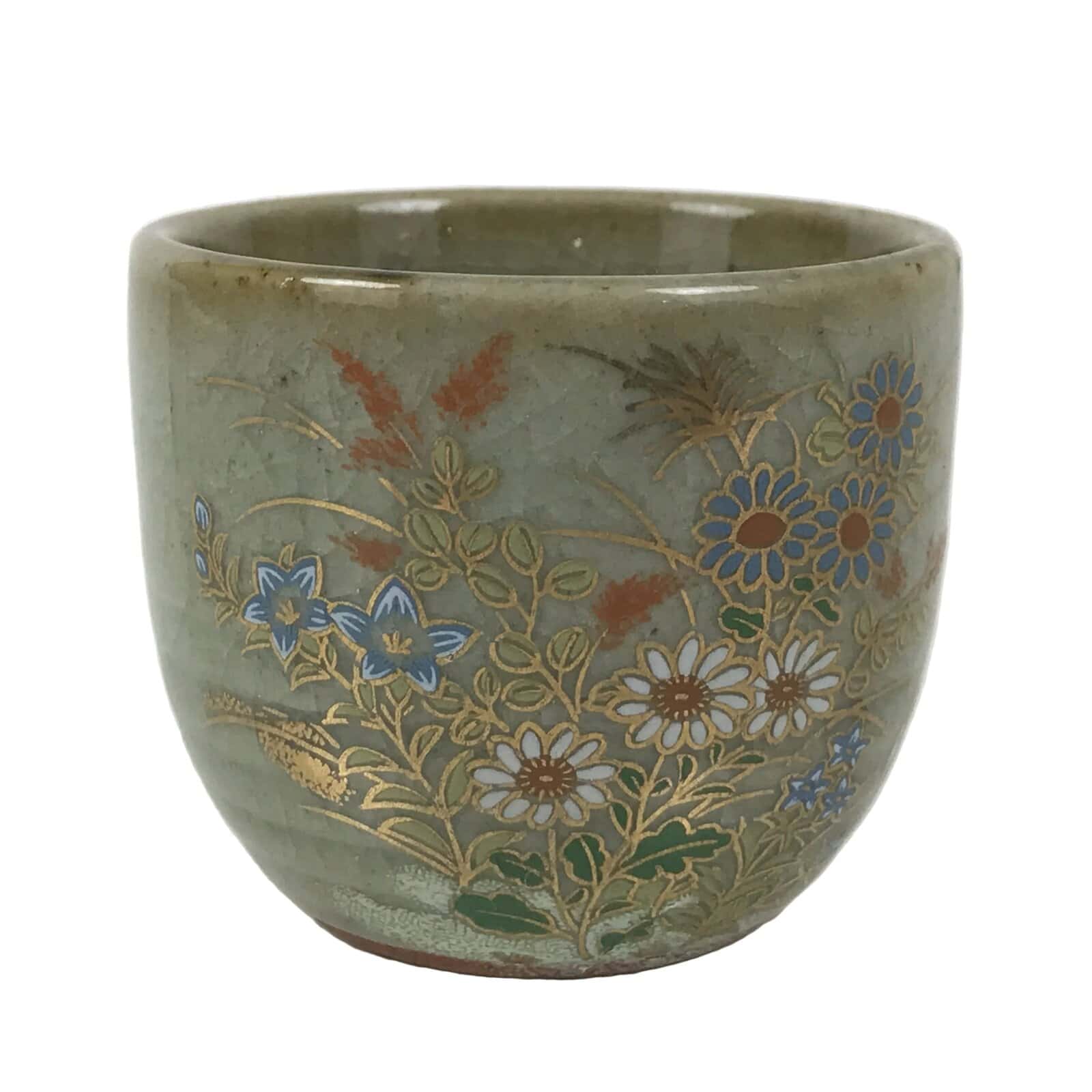 Japanese Kutani Imari Ceramic Sake Cup Vtg Tsubomi Ochoko Flowers Bird Gray G338