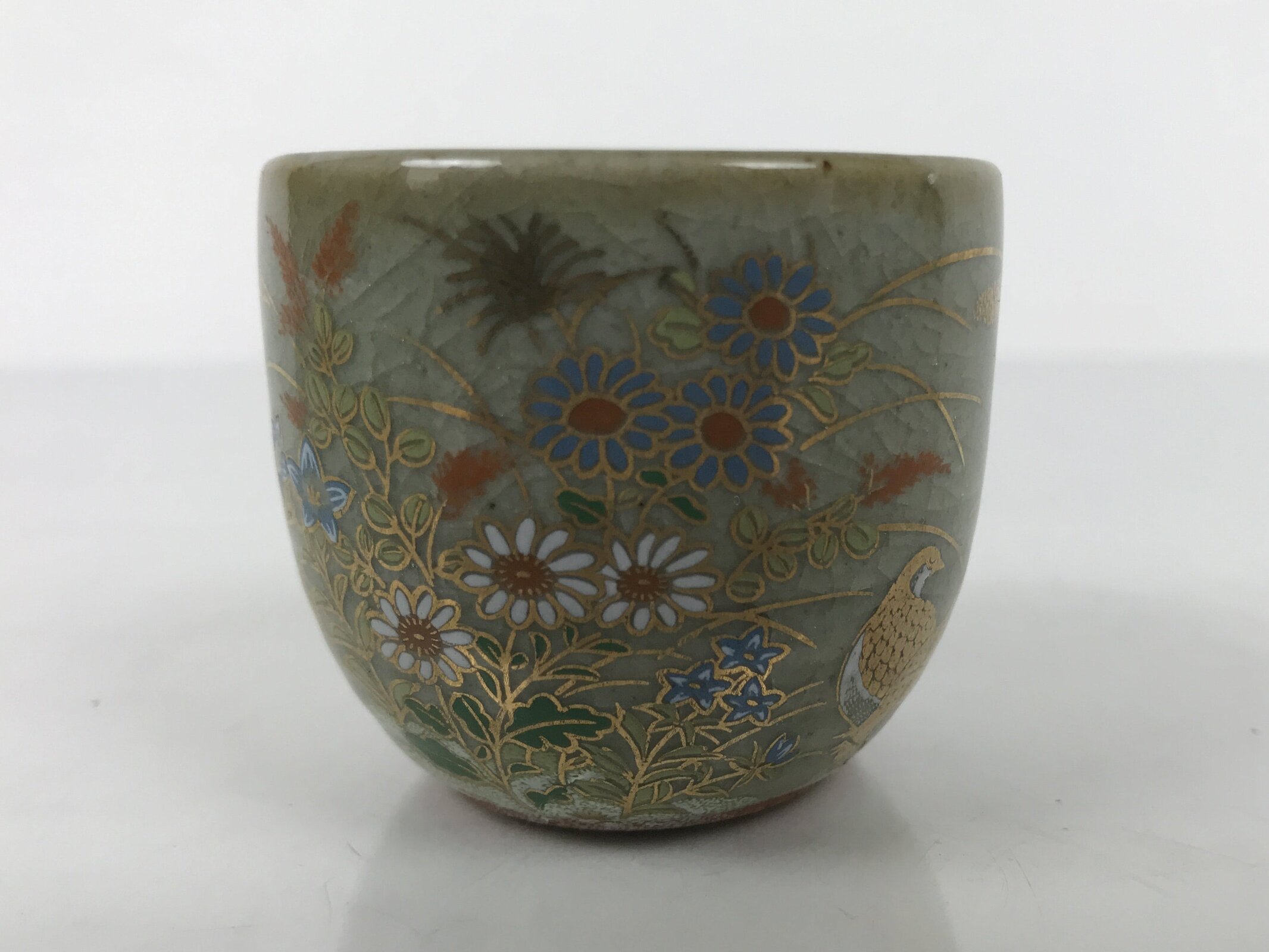 Japanese Kutani Imari Ceramic Sake Cup Vtg Tsubomi Ochoko Flowers Bird Gray G338