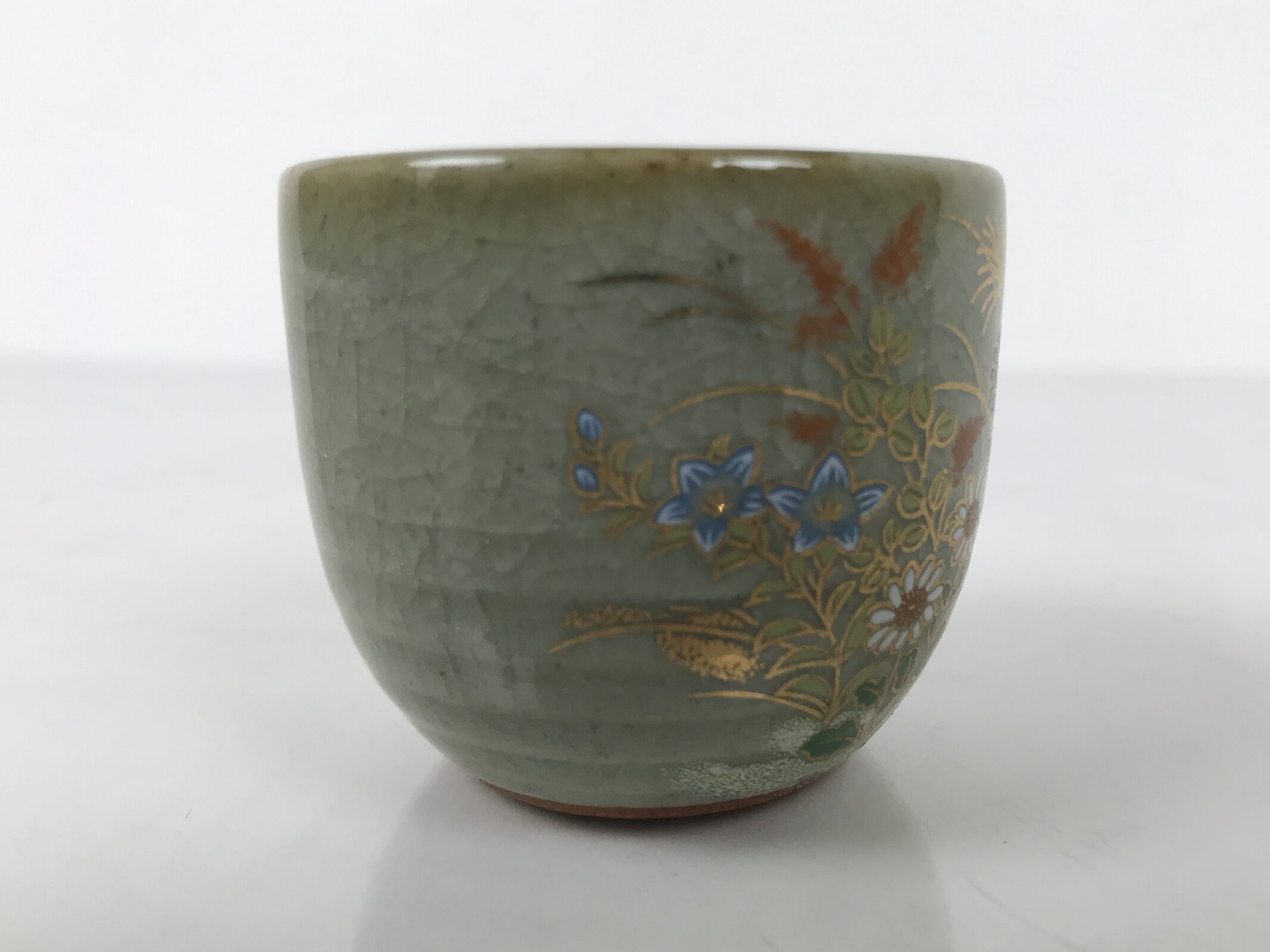 Japanese Kutani Imari Ceramic Sake Cup Vtg Tsubomi Ochoko Flowers Bird Gray G338