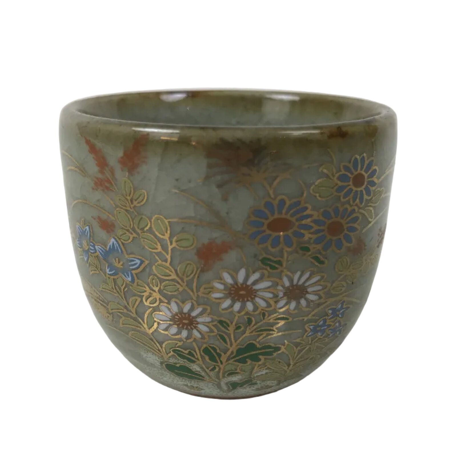 Japanese Kutani Imari Ceramic Sake Cup Vtg Tsubomi Ochoko Flowers Bird Gray G339