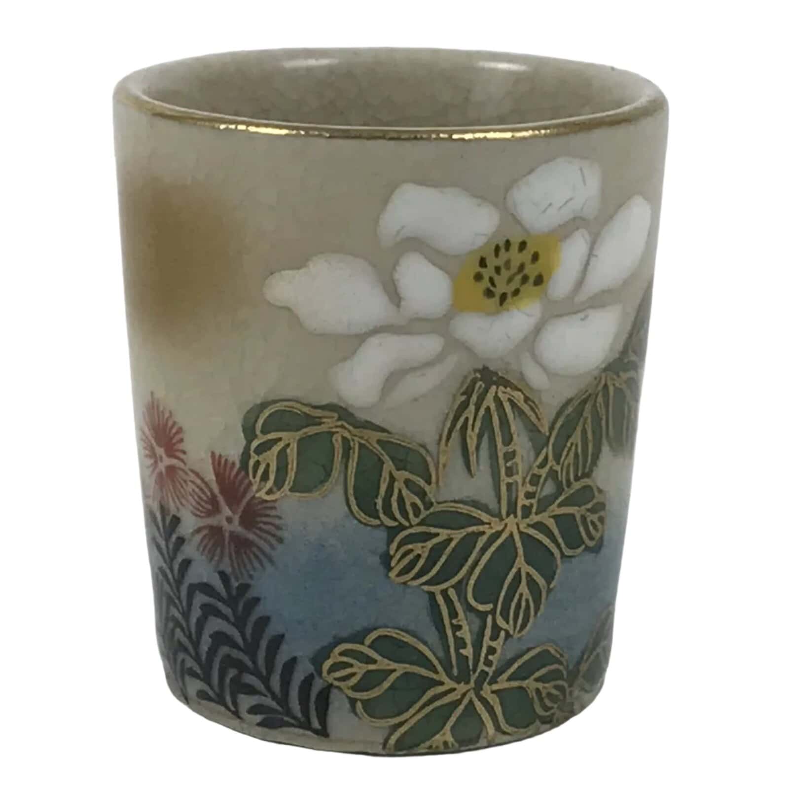 Japanese Kutani Imari Porcelain Sake Cup Vtg Straight Ochoko White Peony G320