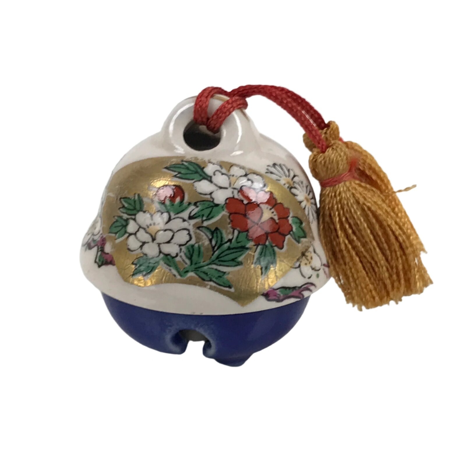 Japanese Kutani Porcelain Bell Dorei Vtg Plum Blossom Peony White Blue DR533